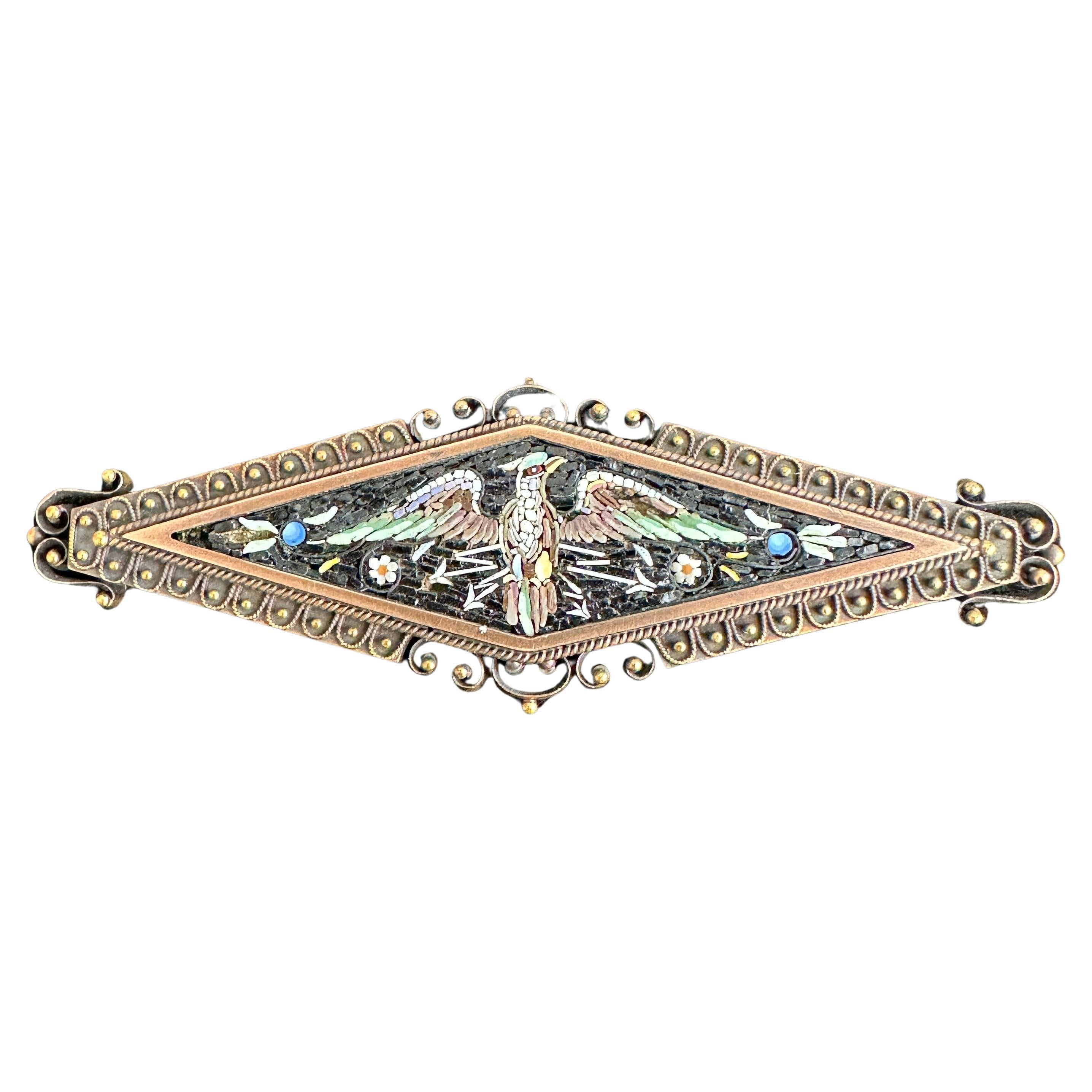 Victorian Phoenix Bird Micro Mosaic 14k Gold Brooch