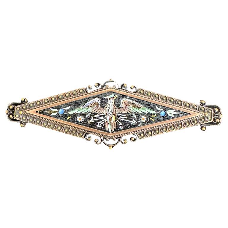 Broche Ancienne XIXème Siècle En Or 14K 585/1000° Avec Micro Mosaïque Florale - Italie - Occasion