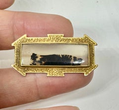 Victorian Picture Agate Brooch Gold Etruscan Revival Moss Agate Forest Scene