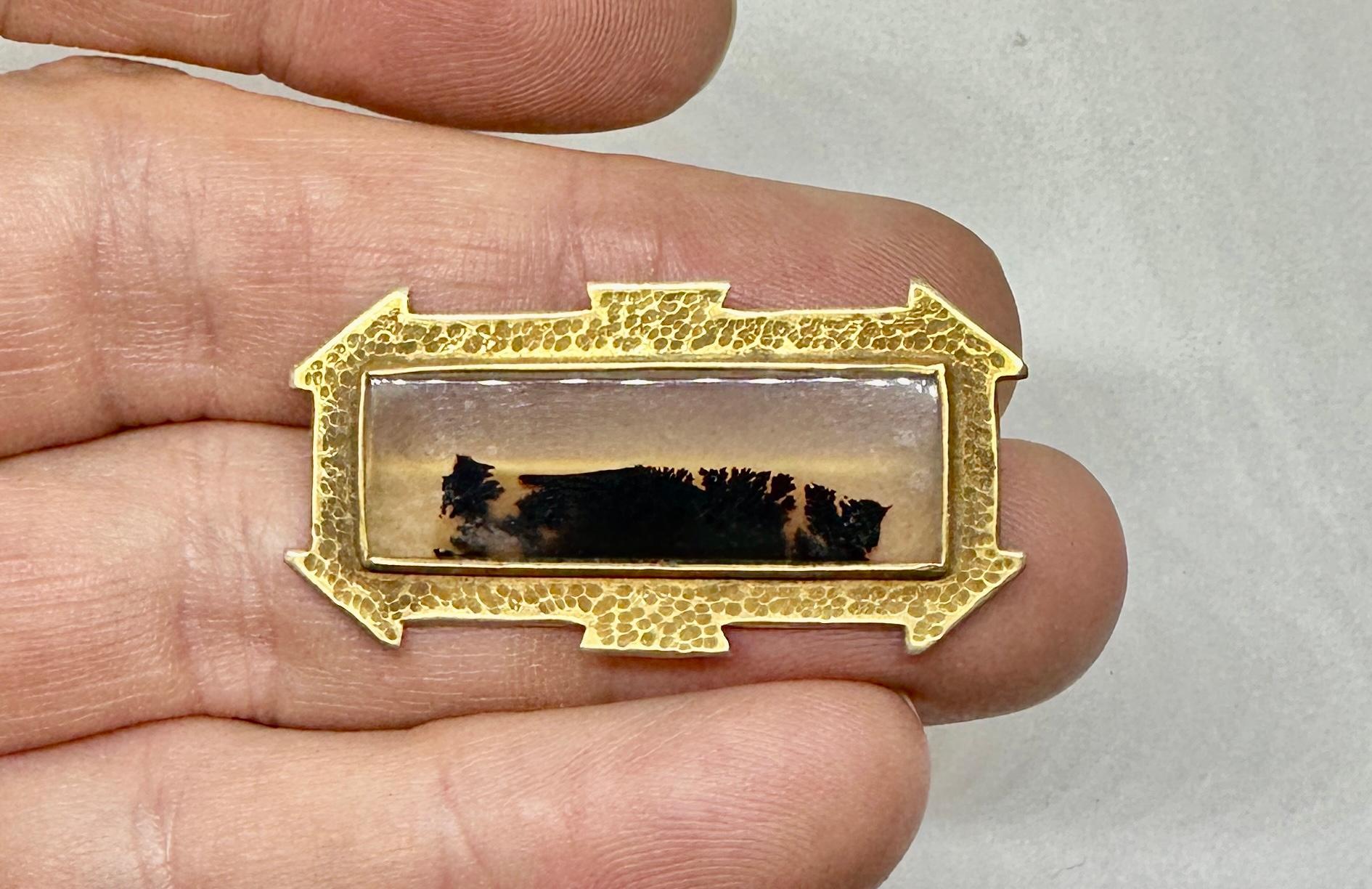 Cabochon Victorian Picture Agate Brooch Gold Etruscan Revival Moss Agate Forest Scene For Sale