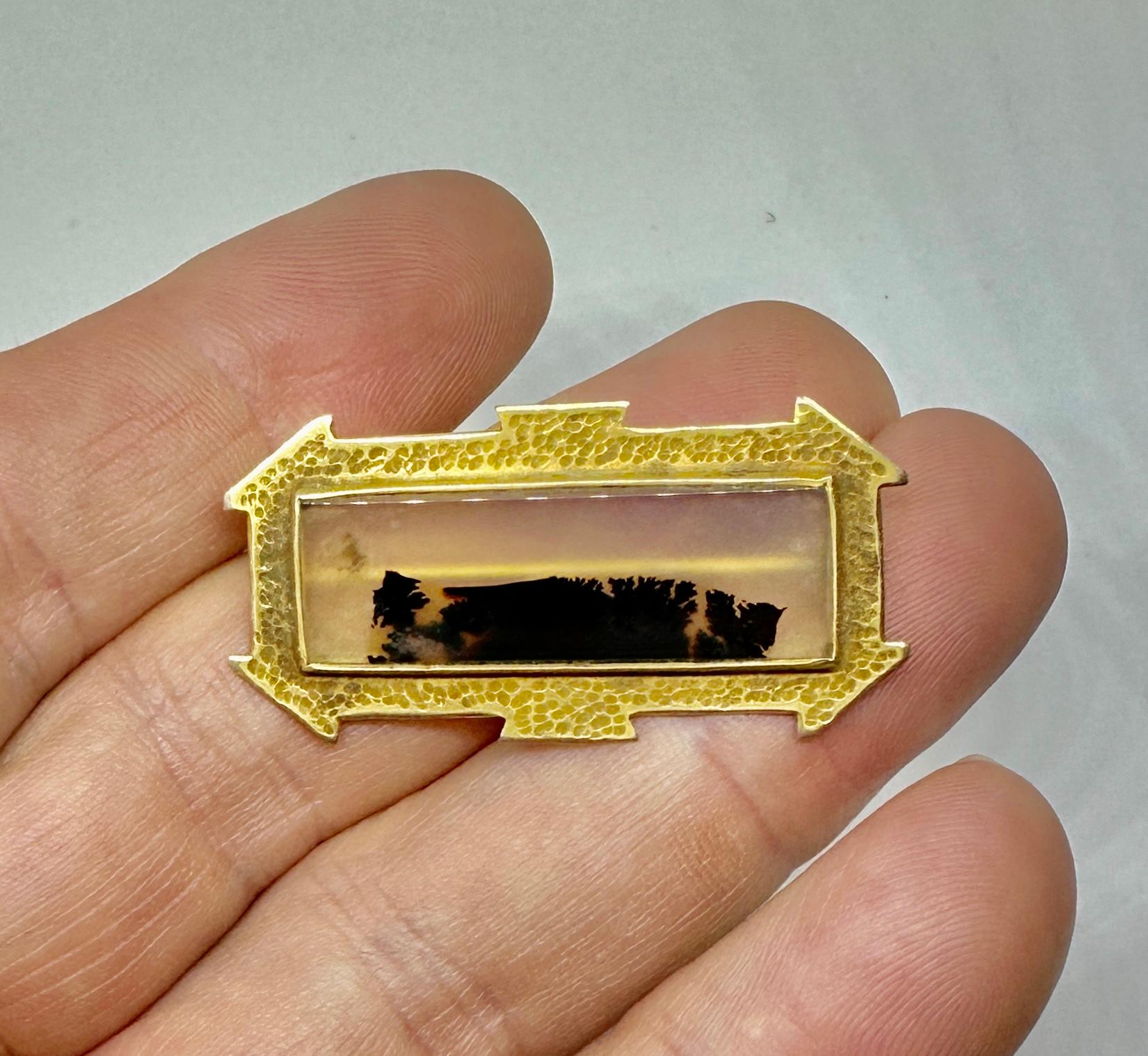 Women's or Men's Victorian Picture Agate Brooch Gold Etruscan Revival Moss Agate Forest Scene For Sale