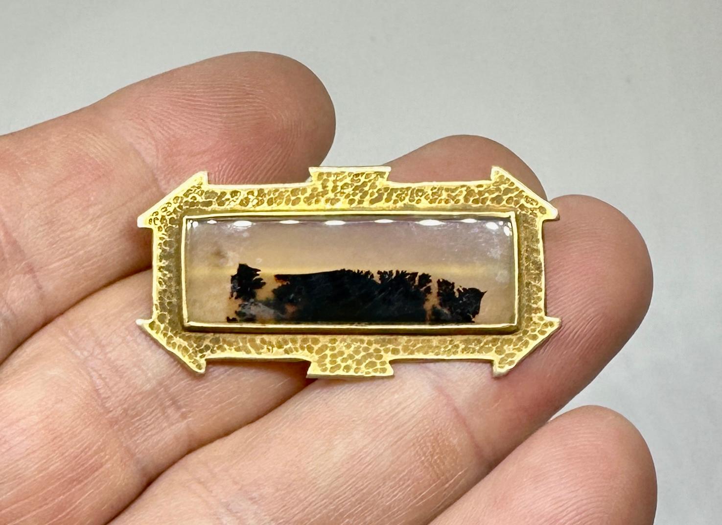 Victorian Picture Agate Brooch Gold Etruscan Revival Moss Agate Forest Scene For Sale 1