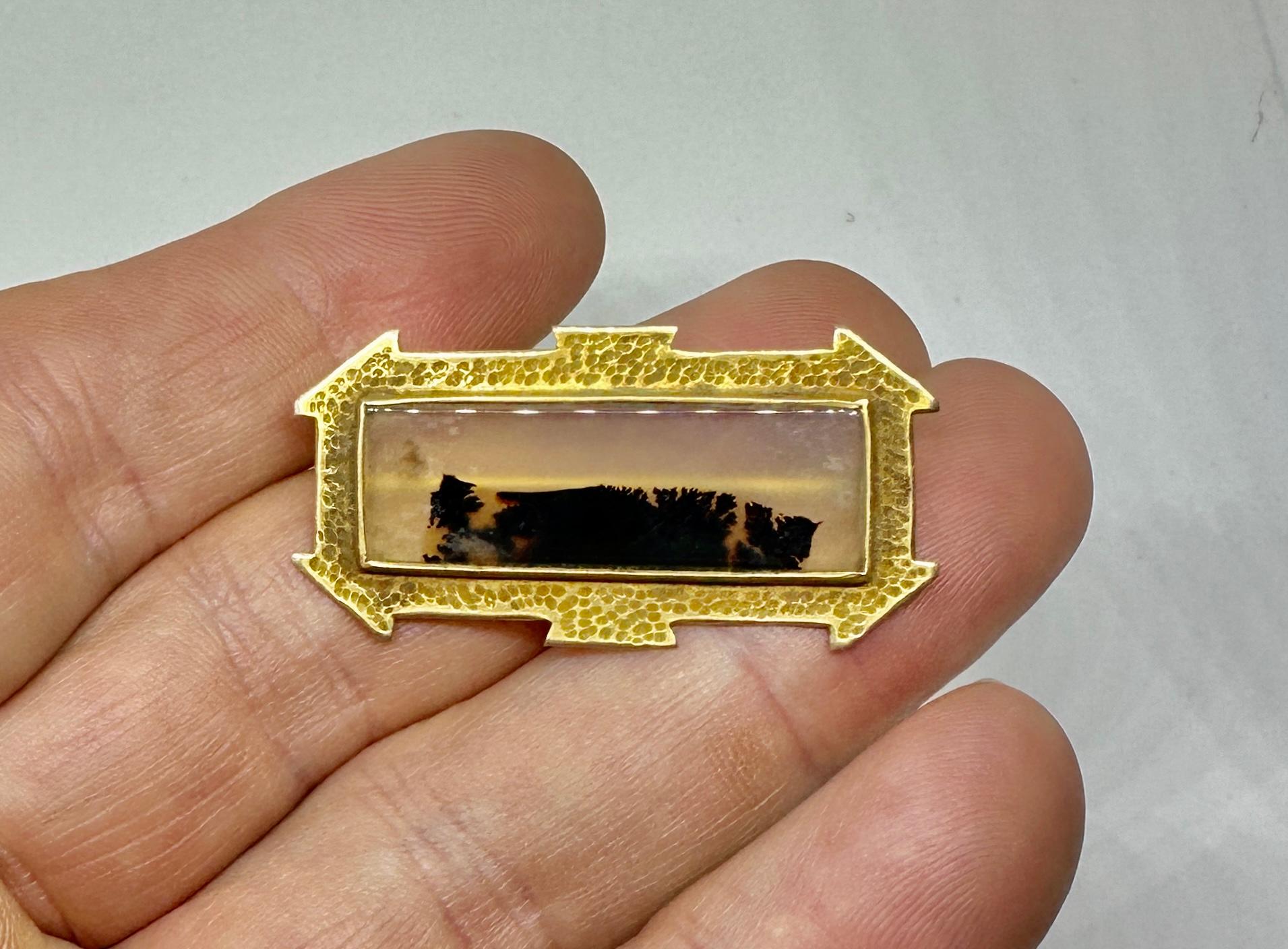 Victorian Picture Agate Brooch Gold Etruscan Revival Moss Agate Forest Scene For Sale 2