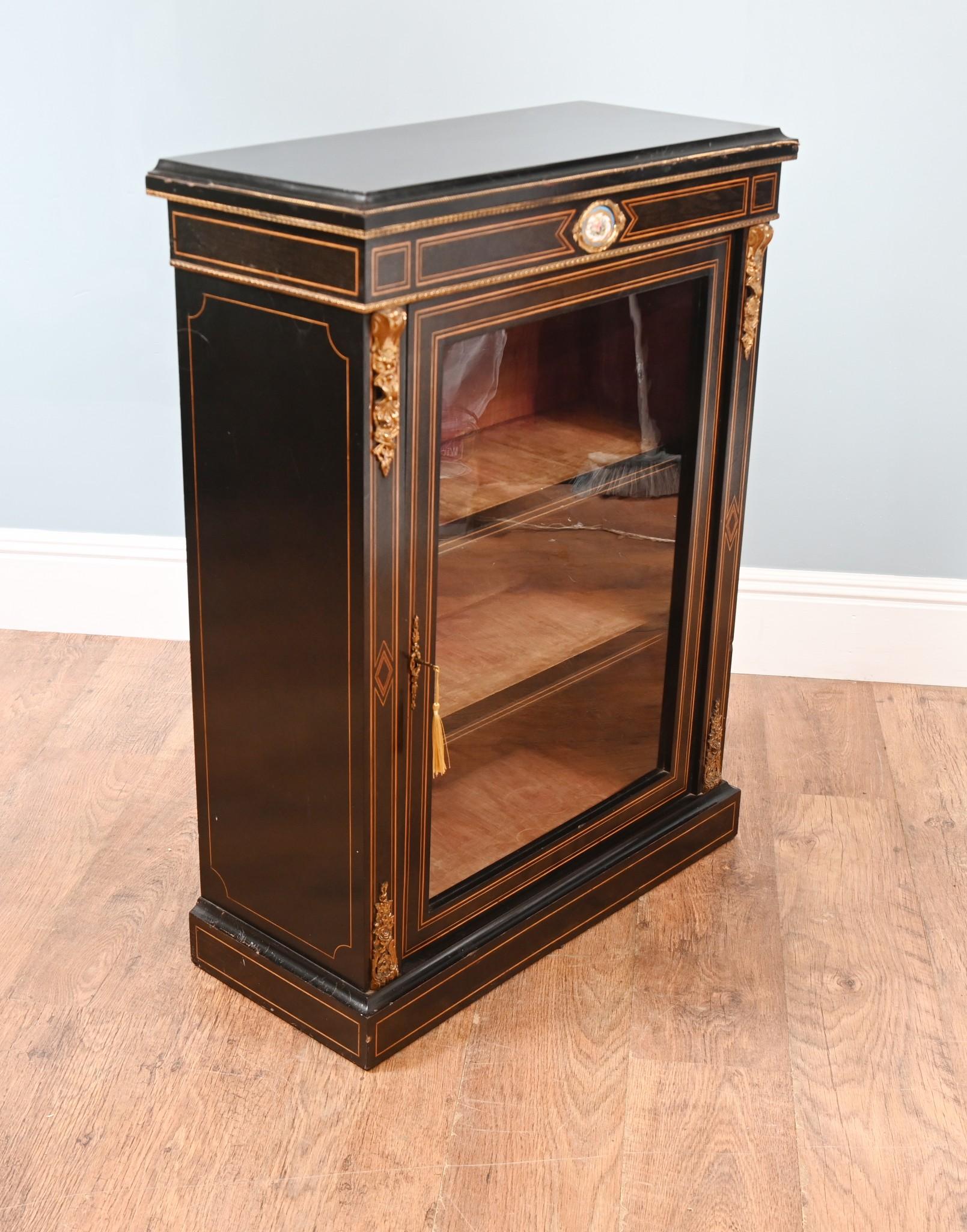Victorian Pier Cabinet Ebonised Display Sevres Plaques 1880 For Sale 1