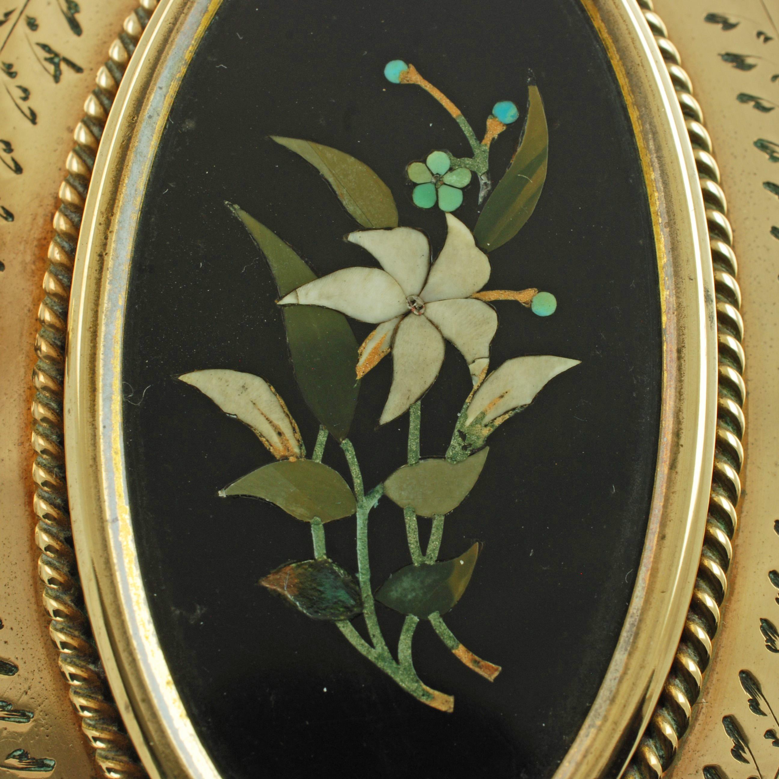 Late Victorian Victorian Pierced and Etched Brass Pietra Dura Triple Fold Out Picture Frame For Sale