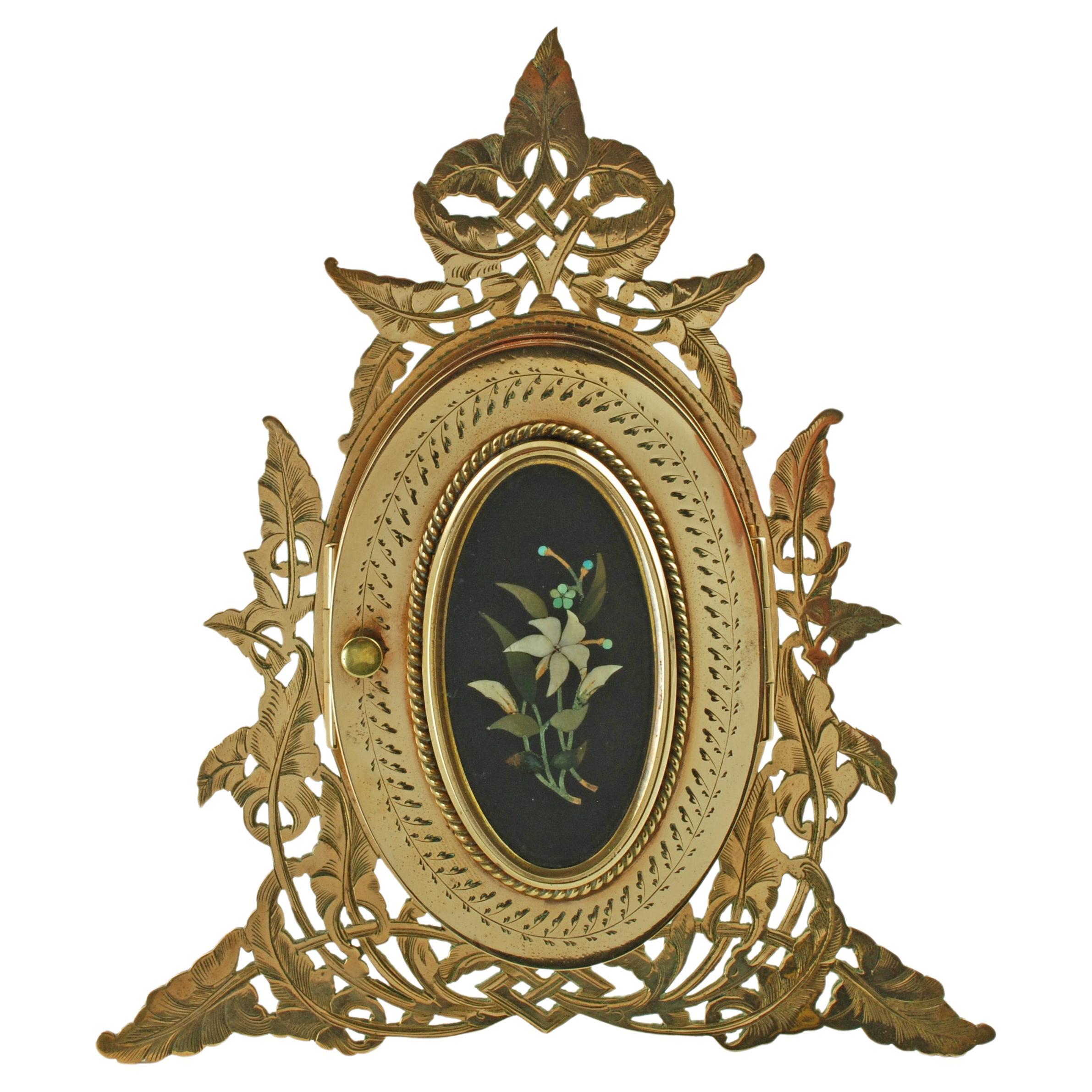 Victorian Pierced and Etched Brass Pietra Dura Triple Fold Out Picture Frame For Sale