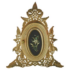 Used Victorian Pierced and Etched Brass Pietra Dura Triple Fold Out Picture Frame
