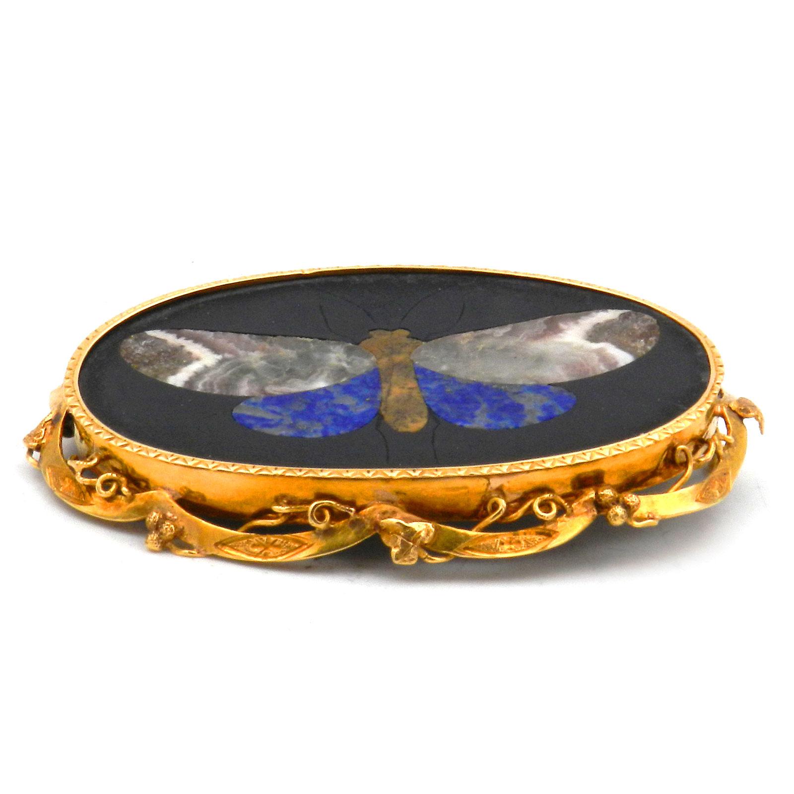 Oval Cut Victorian Pietra Dura Butterfly 18K Gold Brooch, circa 1870