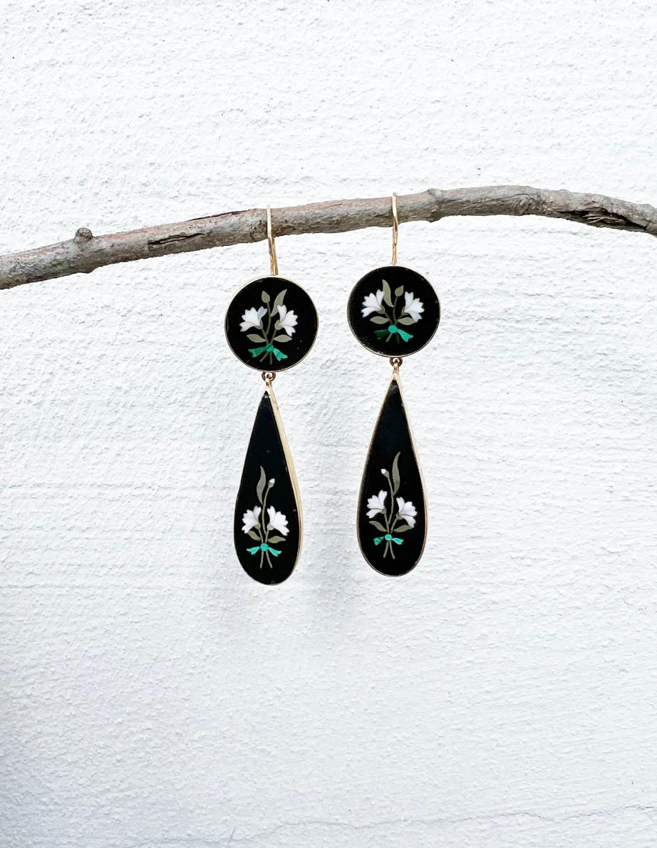 One pair of exquisitely designed Victorian floral design Pietra Dura earrings,.  The earrings are not stamped, however they have been acid tested and guaranteed 14 karat yellow gold. These pieces of art are beautifully made with detail and