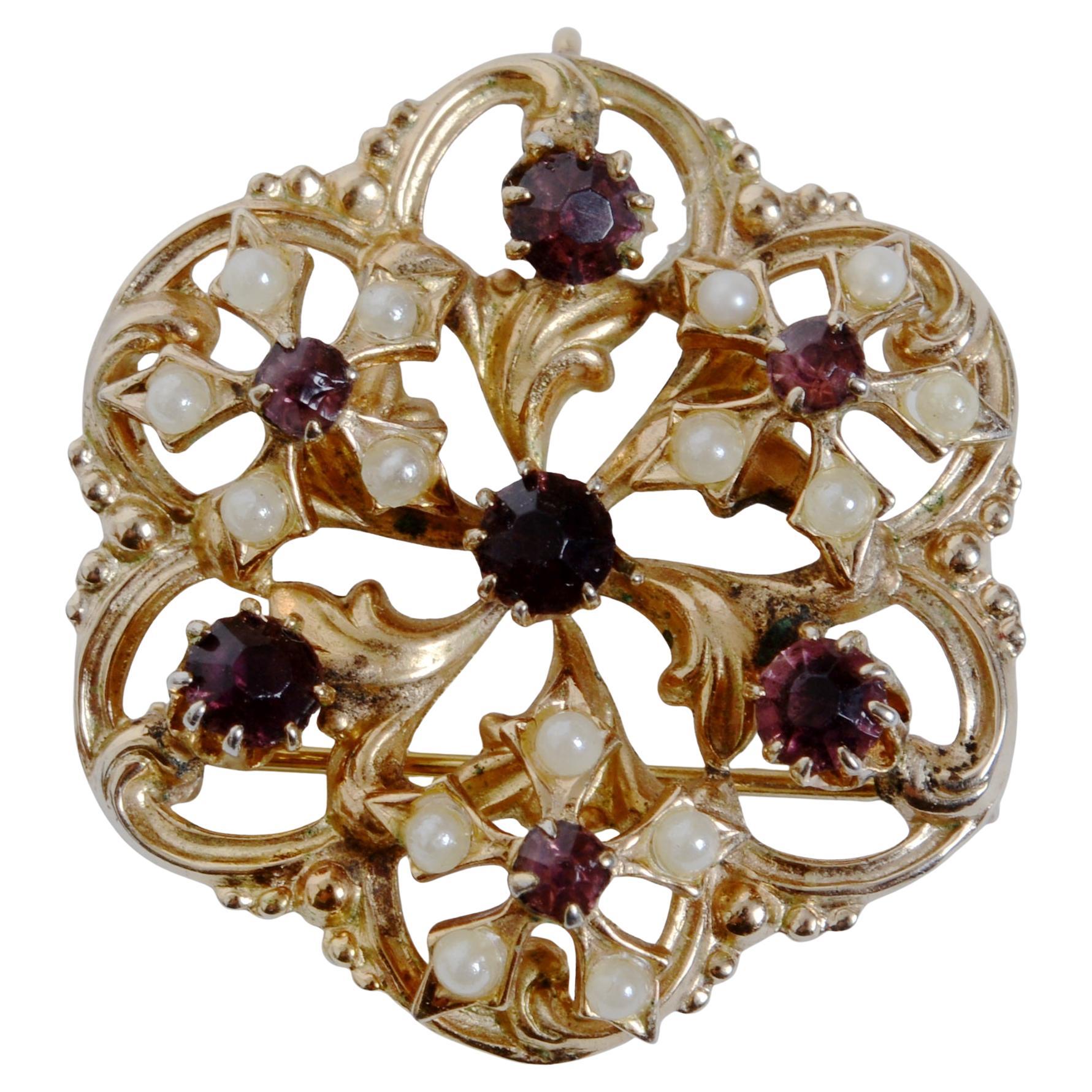 Victorian Pin/Brooch Open Floral Inspired and Set With Seed Pearls and Amethysts