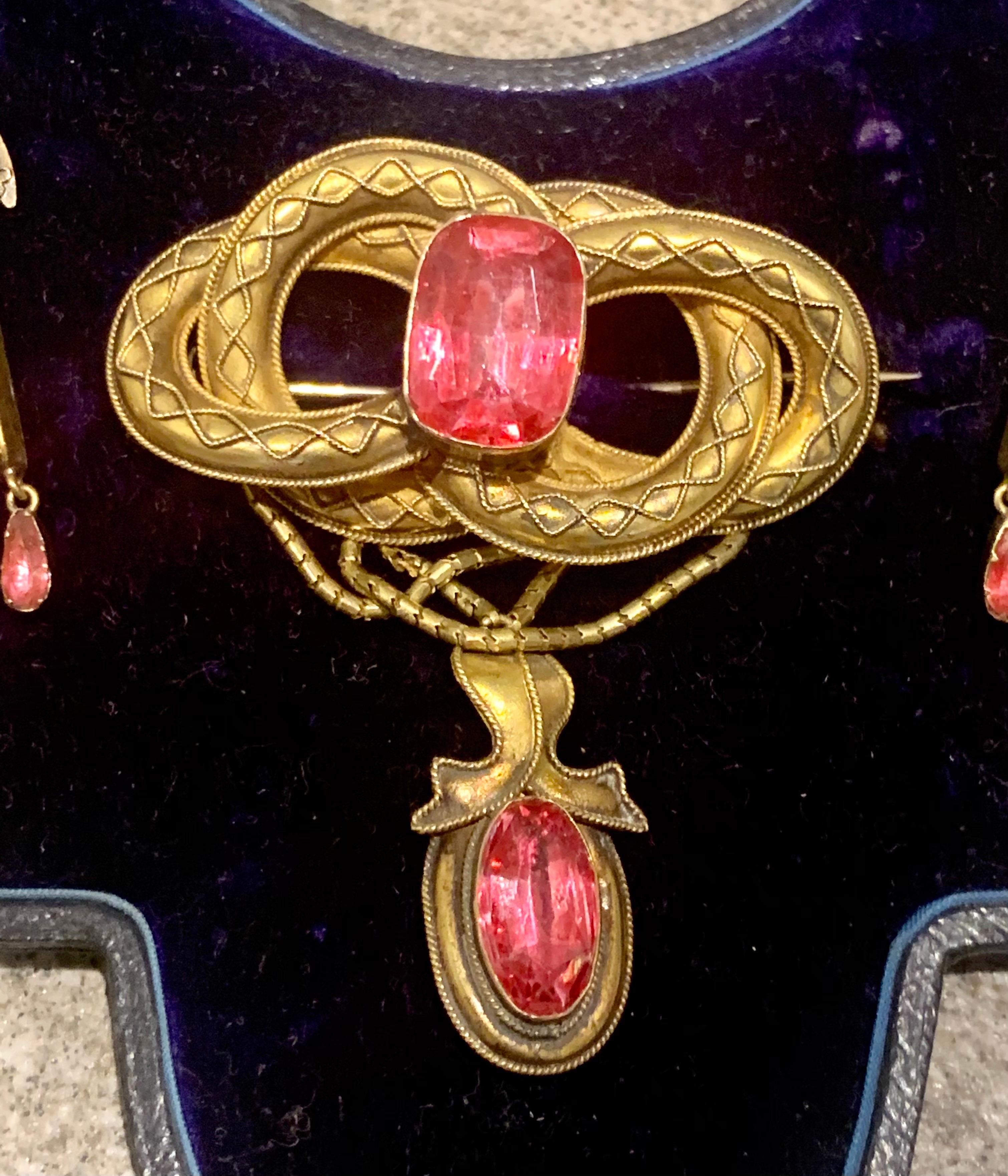 Victorian Pinchbeck & Pink Tourmaline Brooch and Earring Set Cased In Excellent Condition In Kenley surrey, GB
