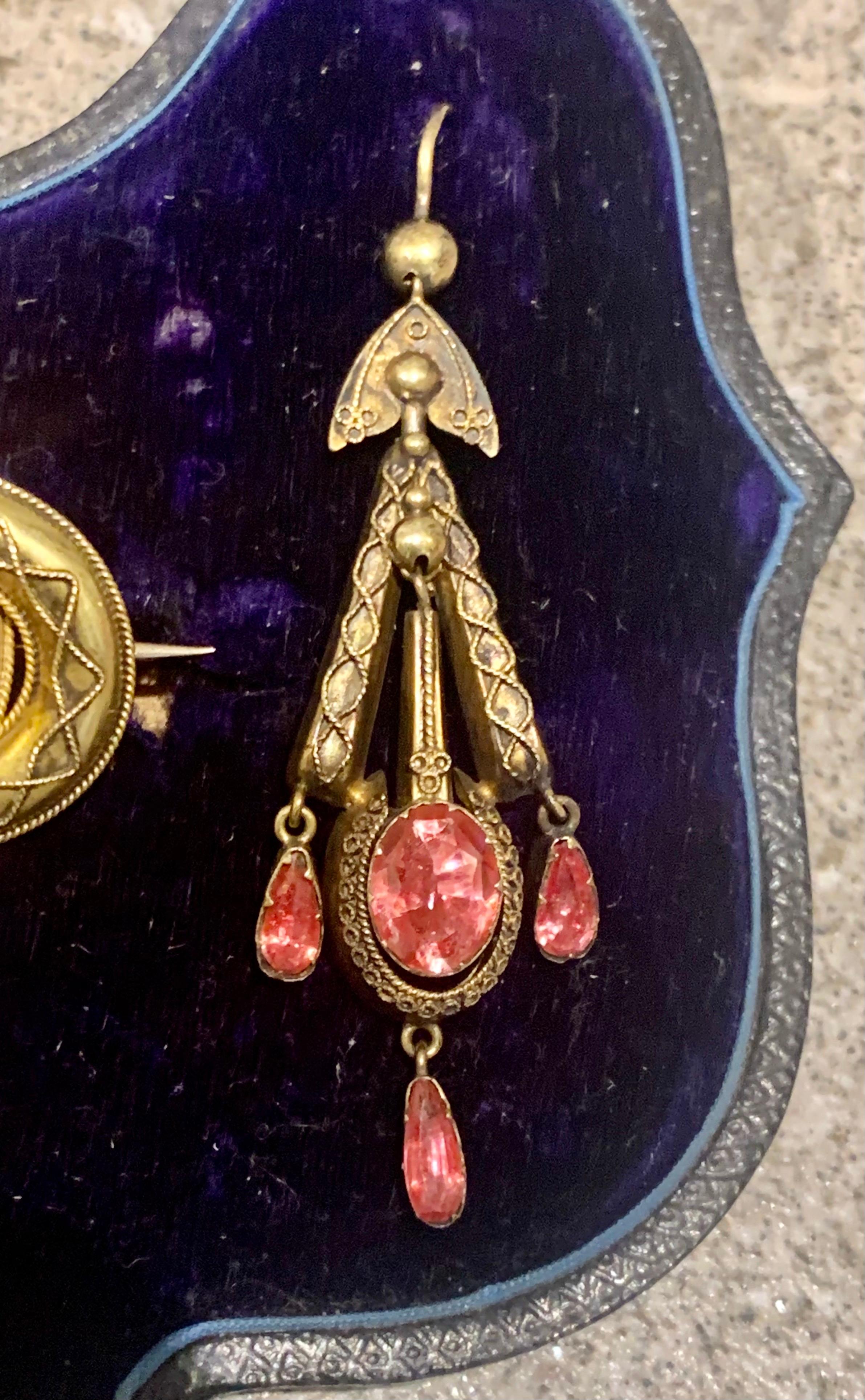 Women's Victorian Pinchbeck & Pink Tourmaline Brooch and Earring Set Cased