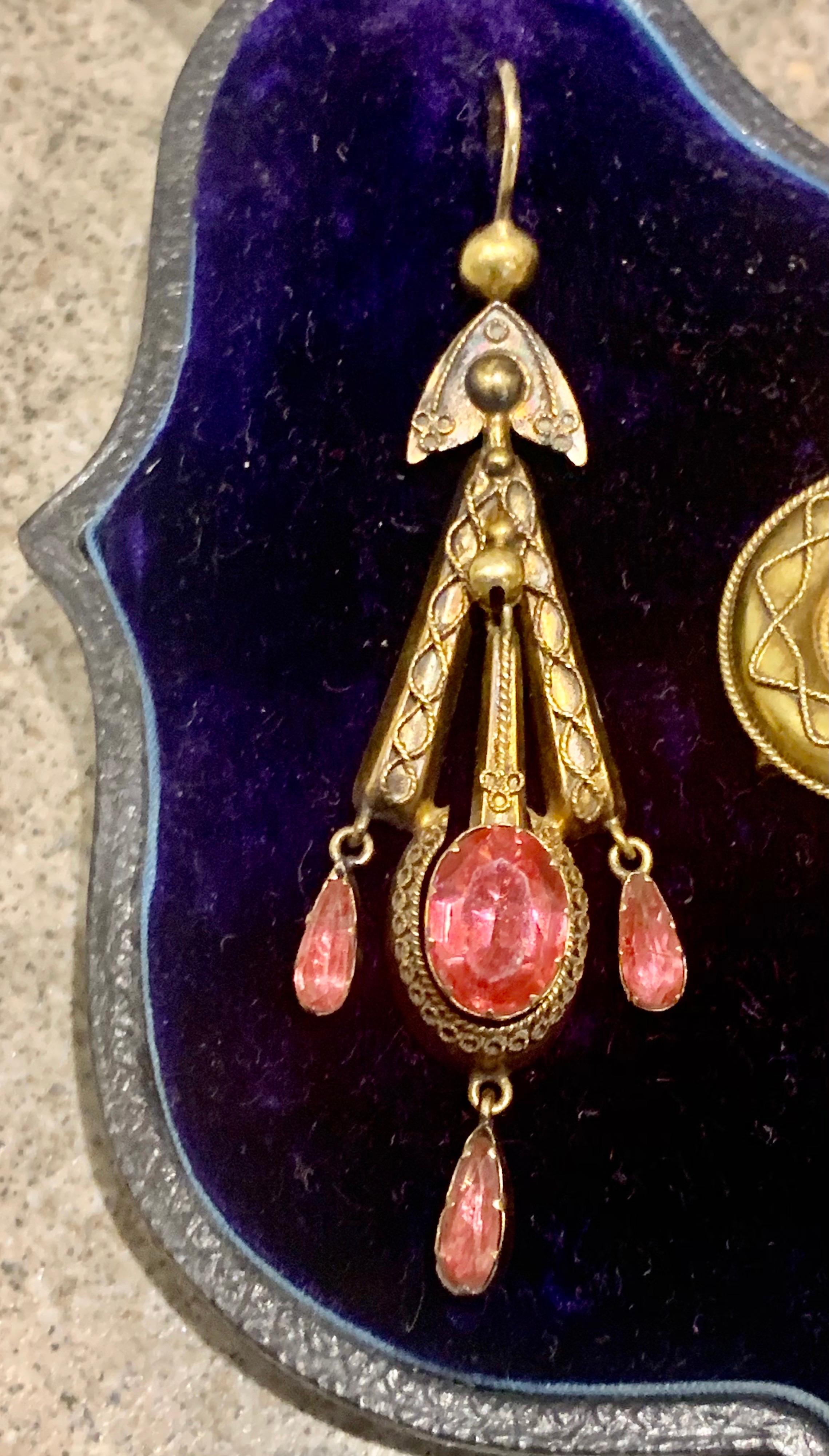 Victorian Pinchbeck & Pink Tourmaline Brooch and Earring Set Cased 1