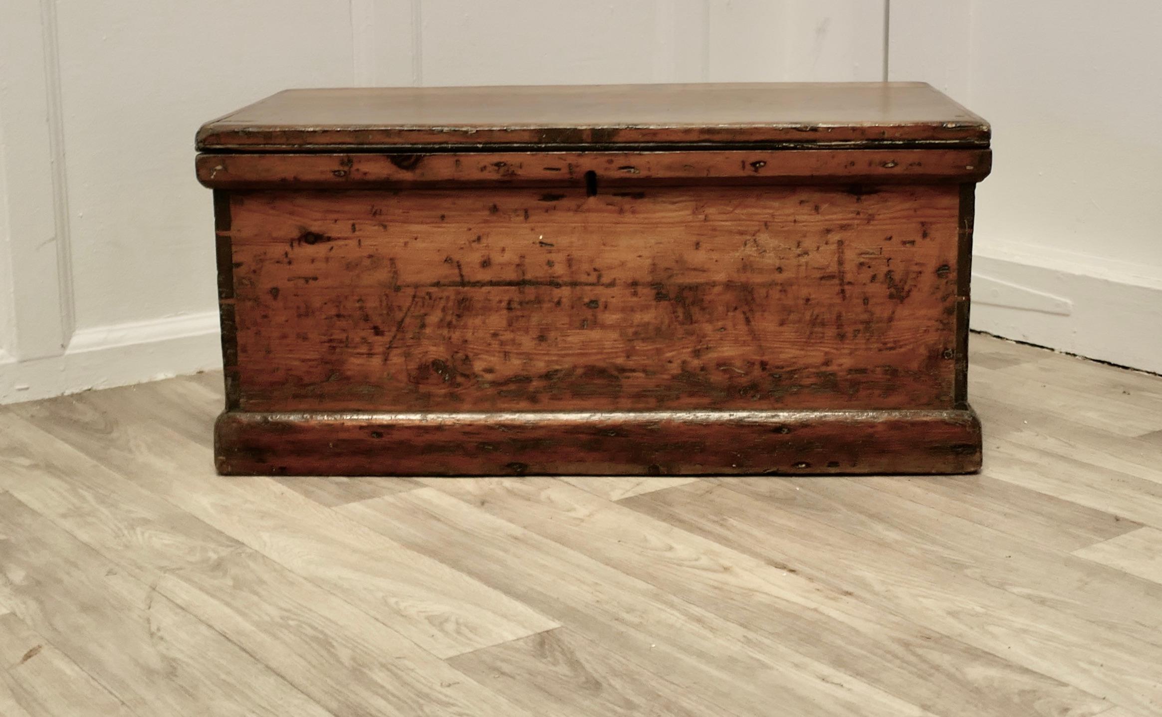 Victorian Pine Blanket Box, Coffee Table or Shoe Tidy
 
This is an original 19th century pine box it is unrestored, it has iron carrying handles and it stands on a small plinth 
The chest has long strap hinges and good age darkened patina
So a