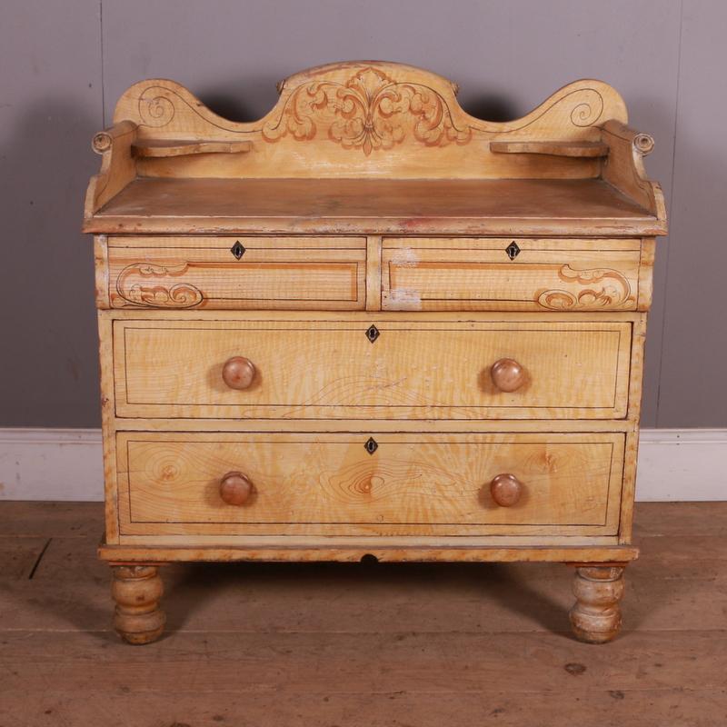 Good Victorian decorated pine chest of drawers. Lovely original condition. 1860.

Height to top is 30