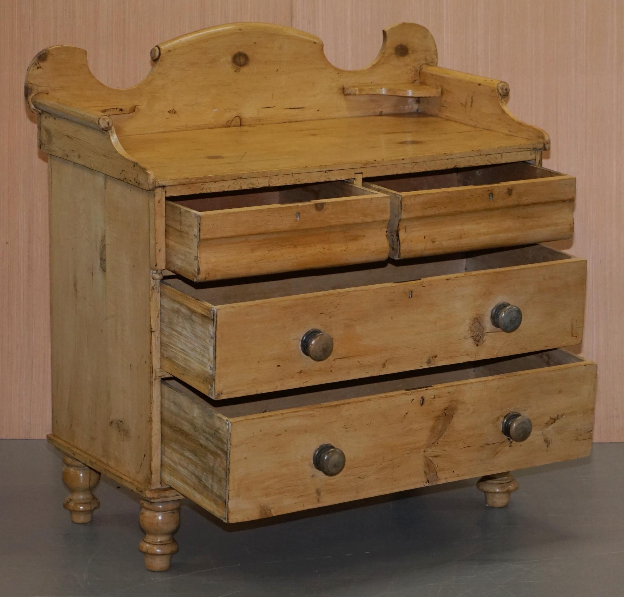 Victorian Pine Chest of Drawers Wash Stand with Gallery Back Stunning Patina For Sale 13