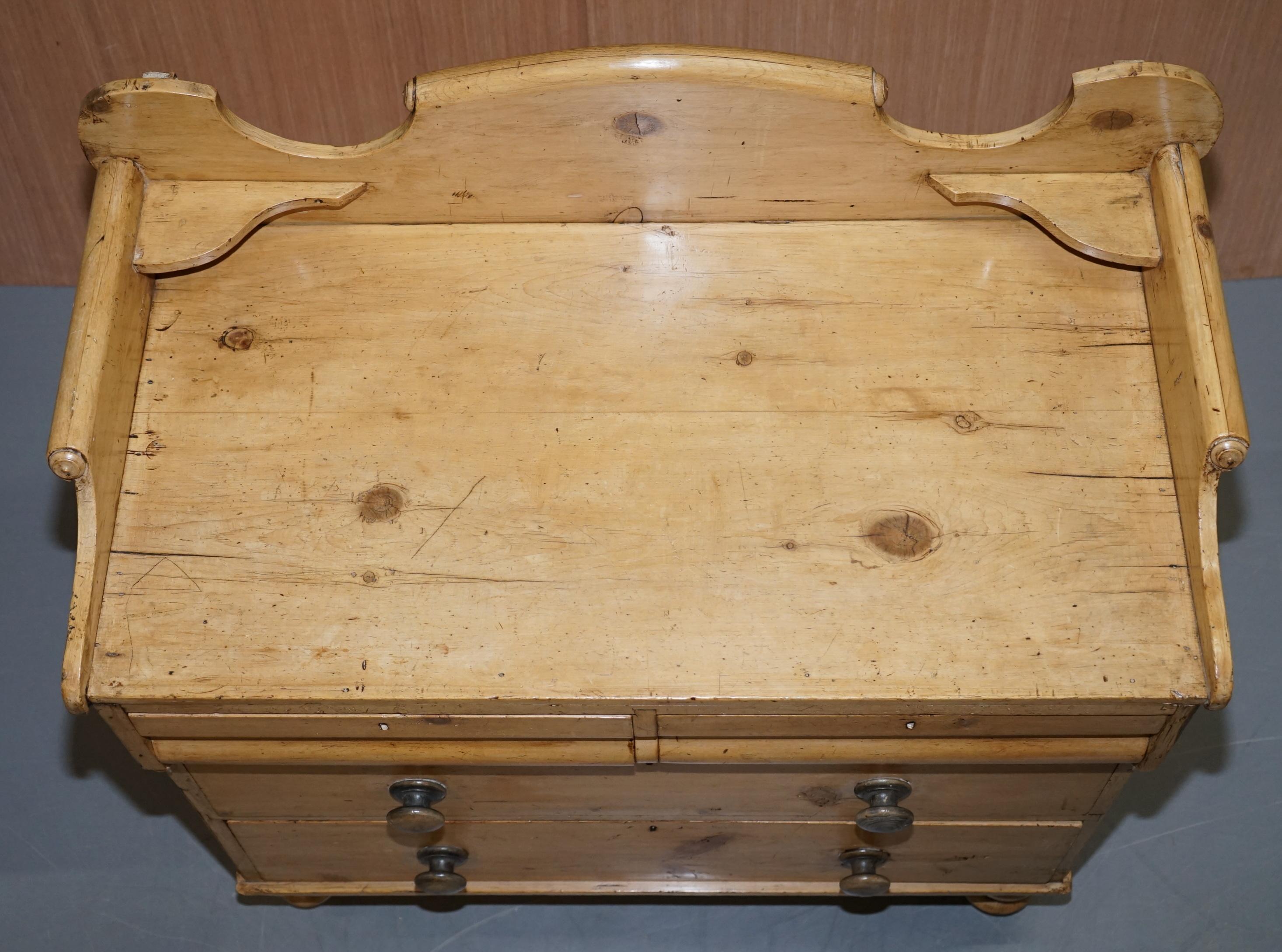 English Victorian Pine Chest of Drawers Wash Stand with Gallery Back Stunning Patina For Sale