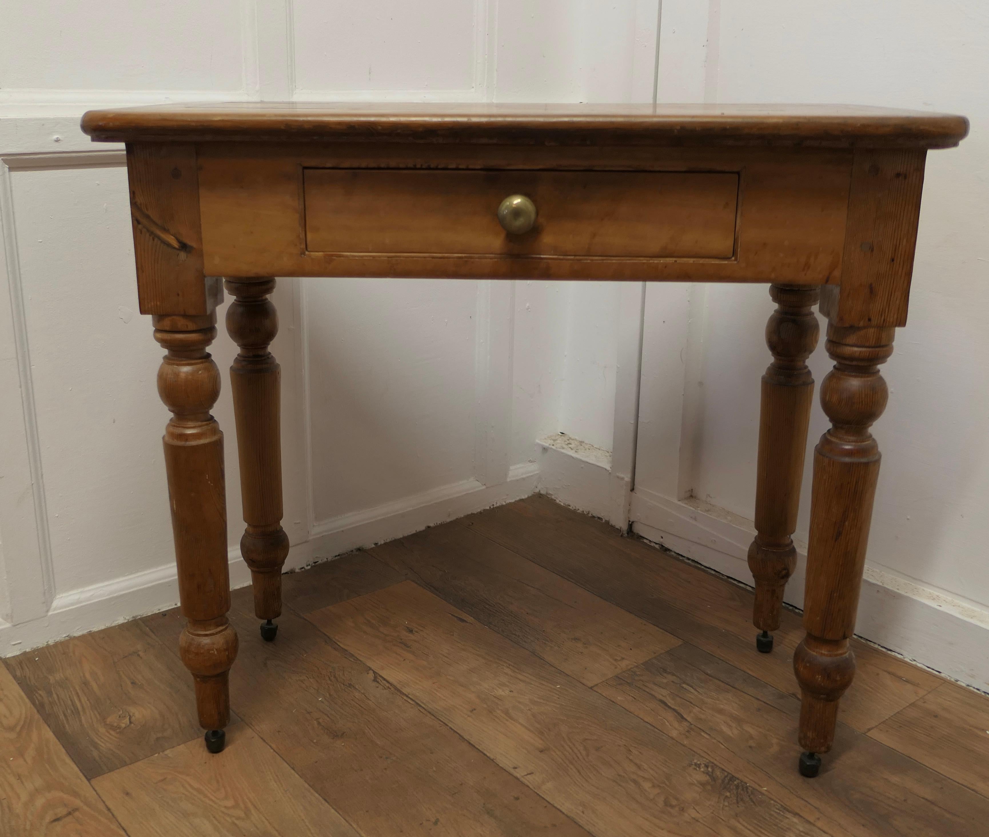  Victorian Pine Marquetry Writing or Side Table

This is a very attractive table, it has  a smooth rectangular top with slightly rounded corners and sturdy turned legs, there is a useful drawer, and the top is decorated with pine inlaid squares