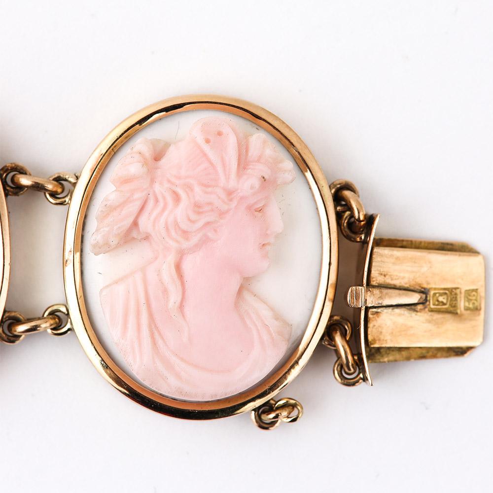 Victorian Pink and White Conch Shell Cameo Bracelet 14 Karat Gold, Dated 1892 4