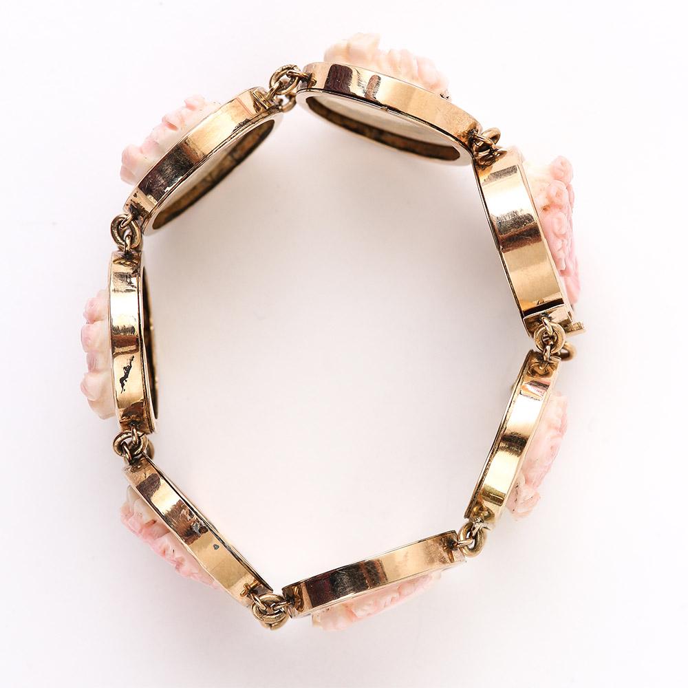 Victorian Pink and White Conch Shell Cameo Bracelet 14 Karat Gold, Dated 1892 5