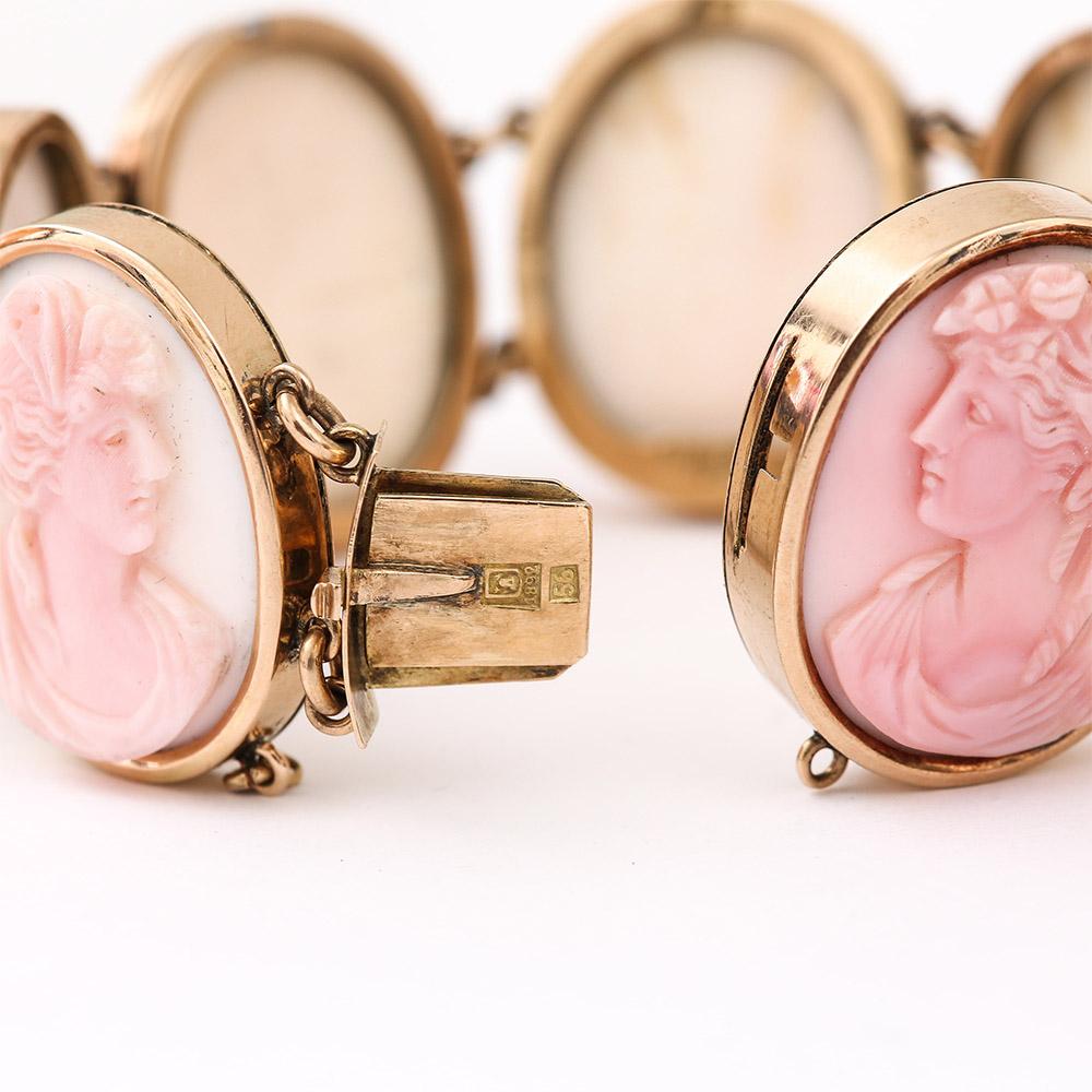 Victorian Pink and White Conch Shell Cameo Bracelet 14 Karat Gold, Dated 1892 6