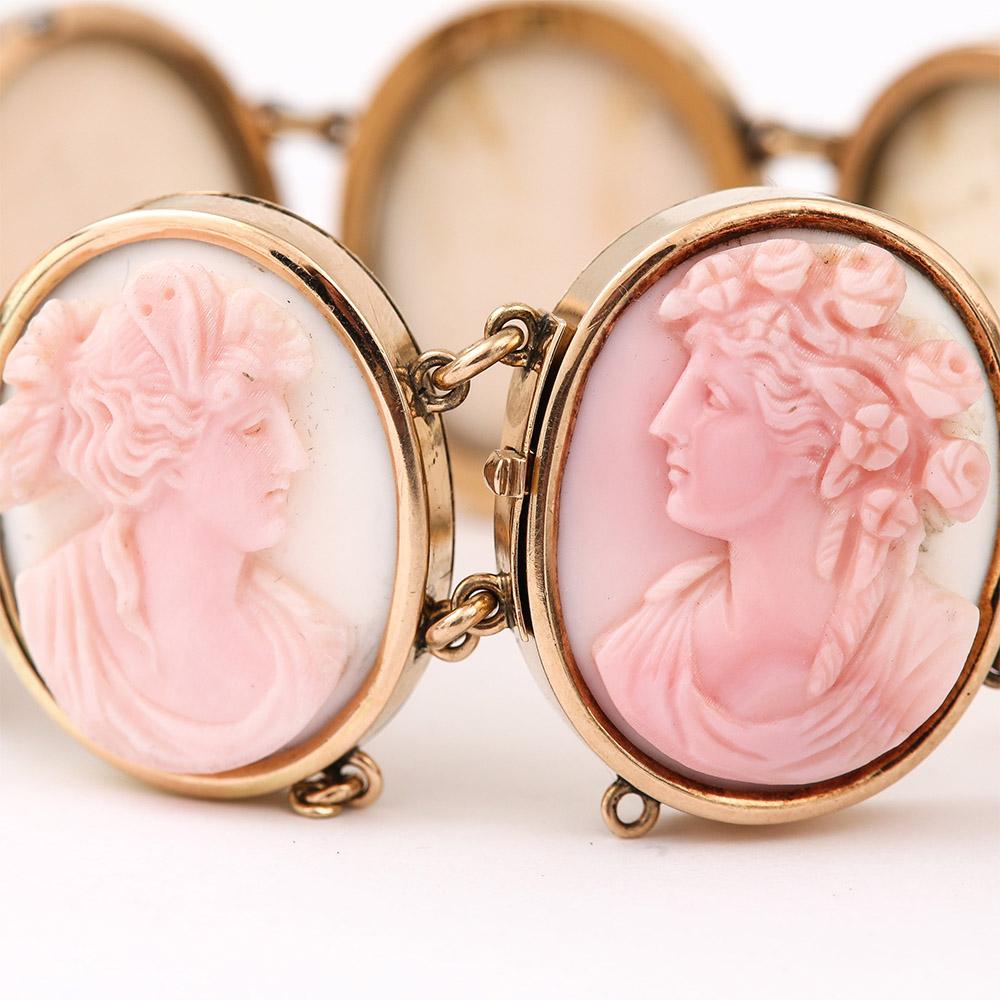 Victorian Pink and White Conch Shell Cameo Bracelet 14 Karat Gold, Dated 1892 7