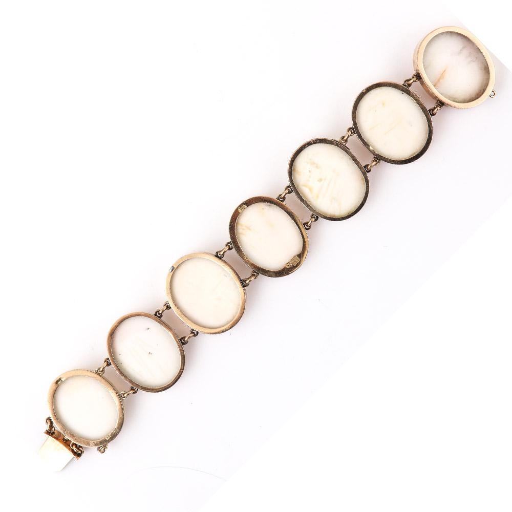 Victorian Pink and White Conch Shell Cameo Bracelet 14 Karat Gold, Dated 1892 8