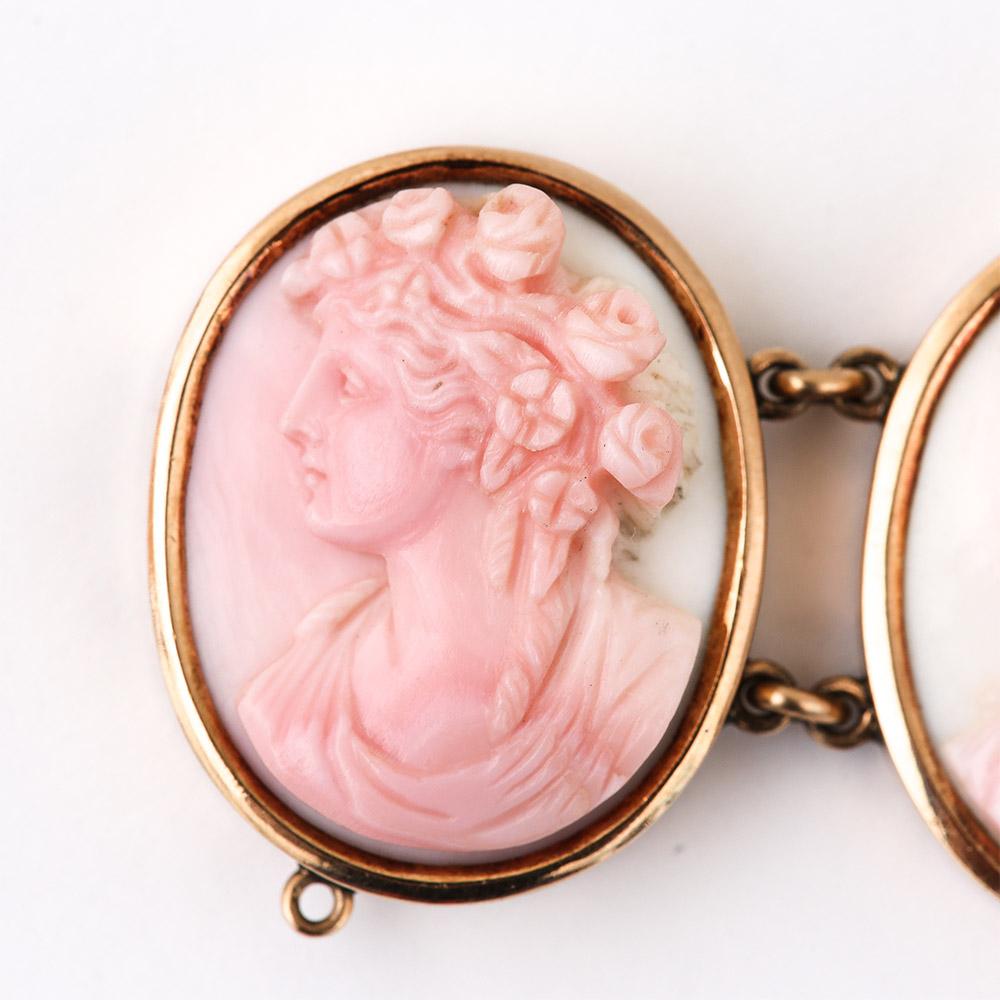 Oval Cut Victorian Pink and White Conch Shell Cameo Bracelet 14 Karat Gold, Dated 1892