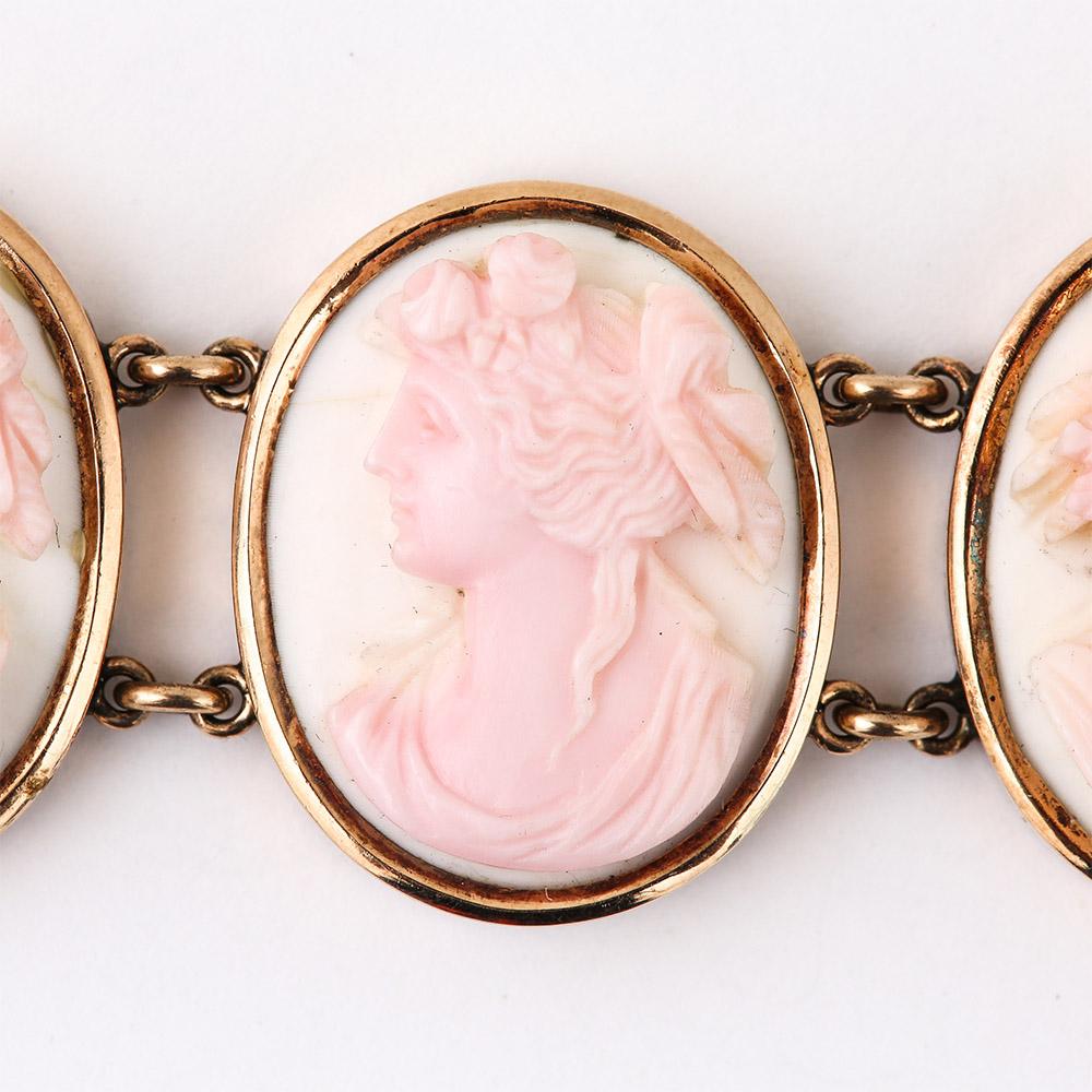 Women's Victorian Pink and White Conch Shell Cameo Bracelet 14 Karat Gold, Dated 1892