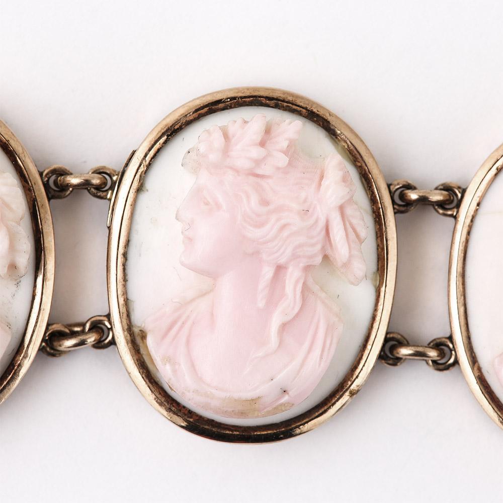 Victorian Pink and White Conch Shell Cameo Bracelet 14 Karat Gold, Dated 1892 1