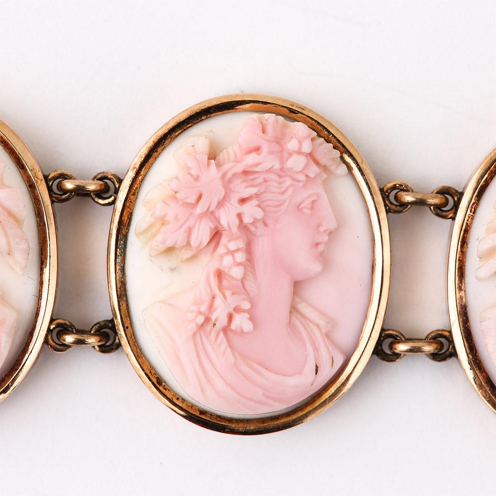 Victorian Pink and White Conch Shell Cameo Bracelet 14 Karat Gold, Dated 1892 2