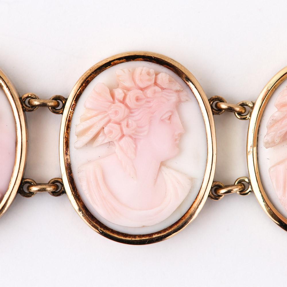 Victorian Pink and White Conch Shell Cameo Bracelet 14 Karat Gold, Dated 1892 3