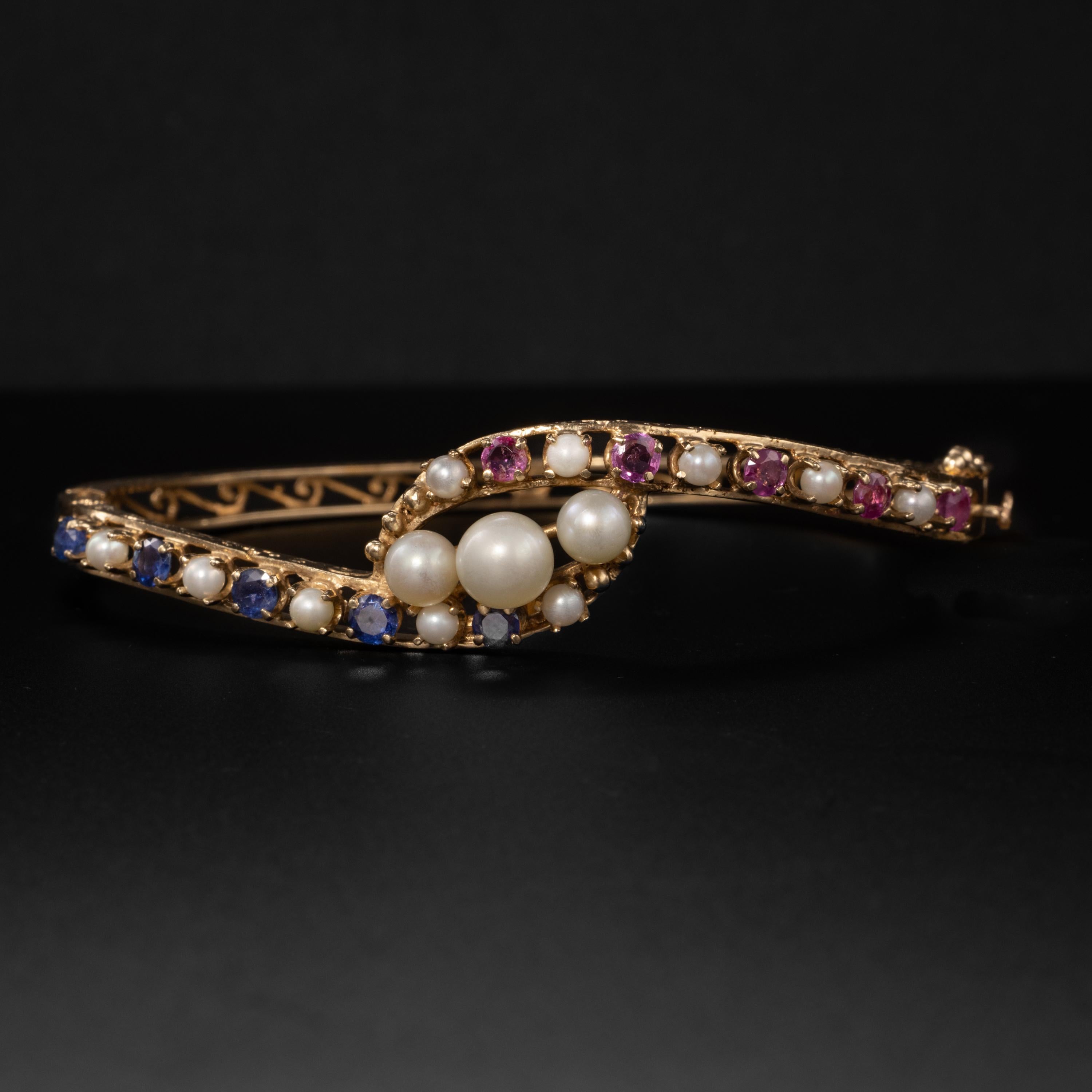 Late Victorian Victorian Sapphire Bangle with Pearls For Sale
