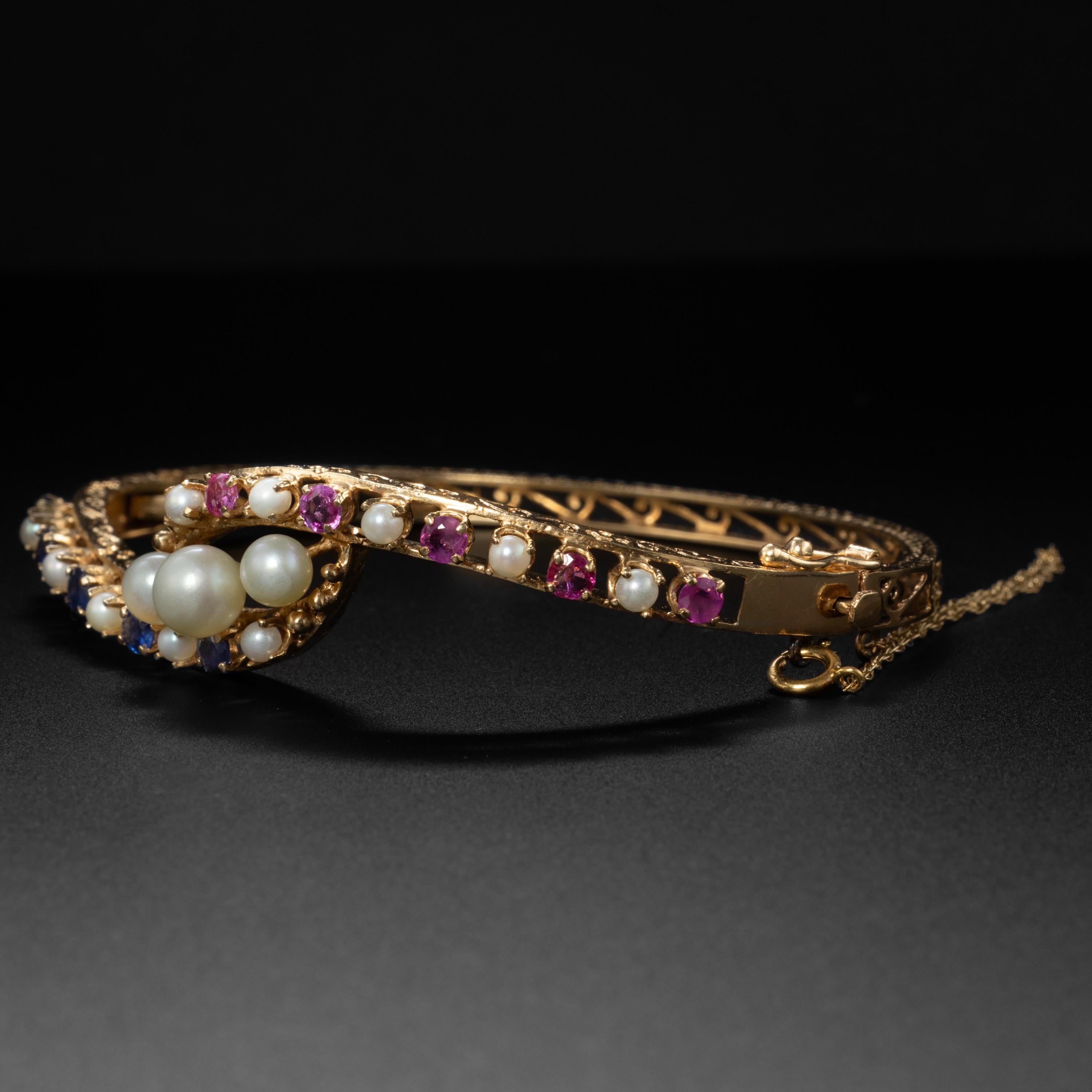 Round Cut Victorian Sapphire Bangle with Pearls For Sale