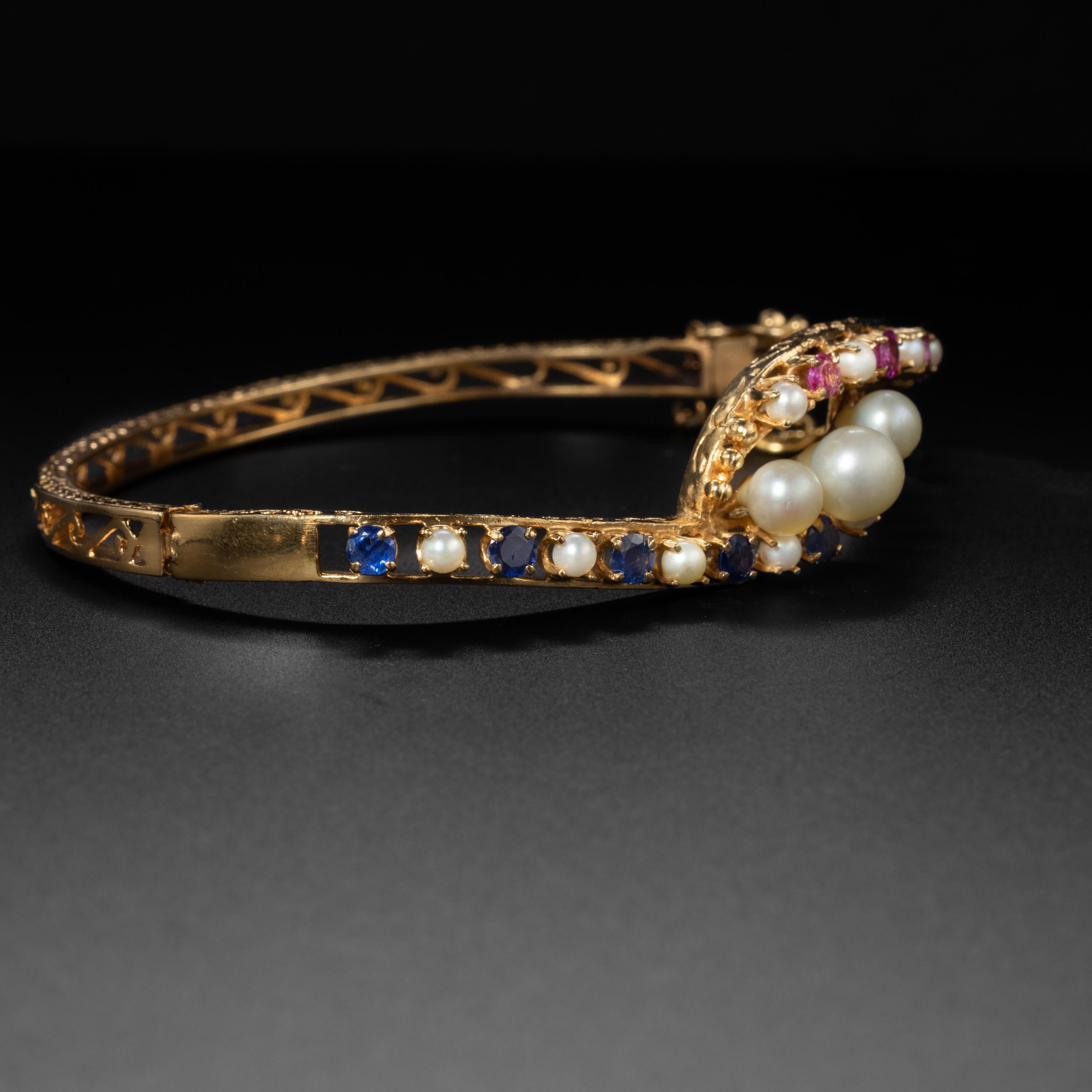 Victorian Sapphire Bangle with Pearls In Excellent Condition For Sale In Southbury, CT