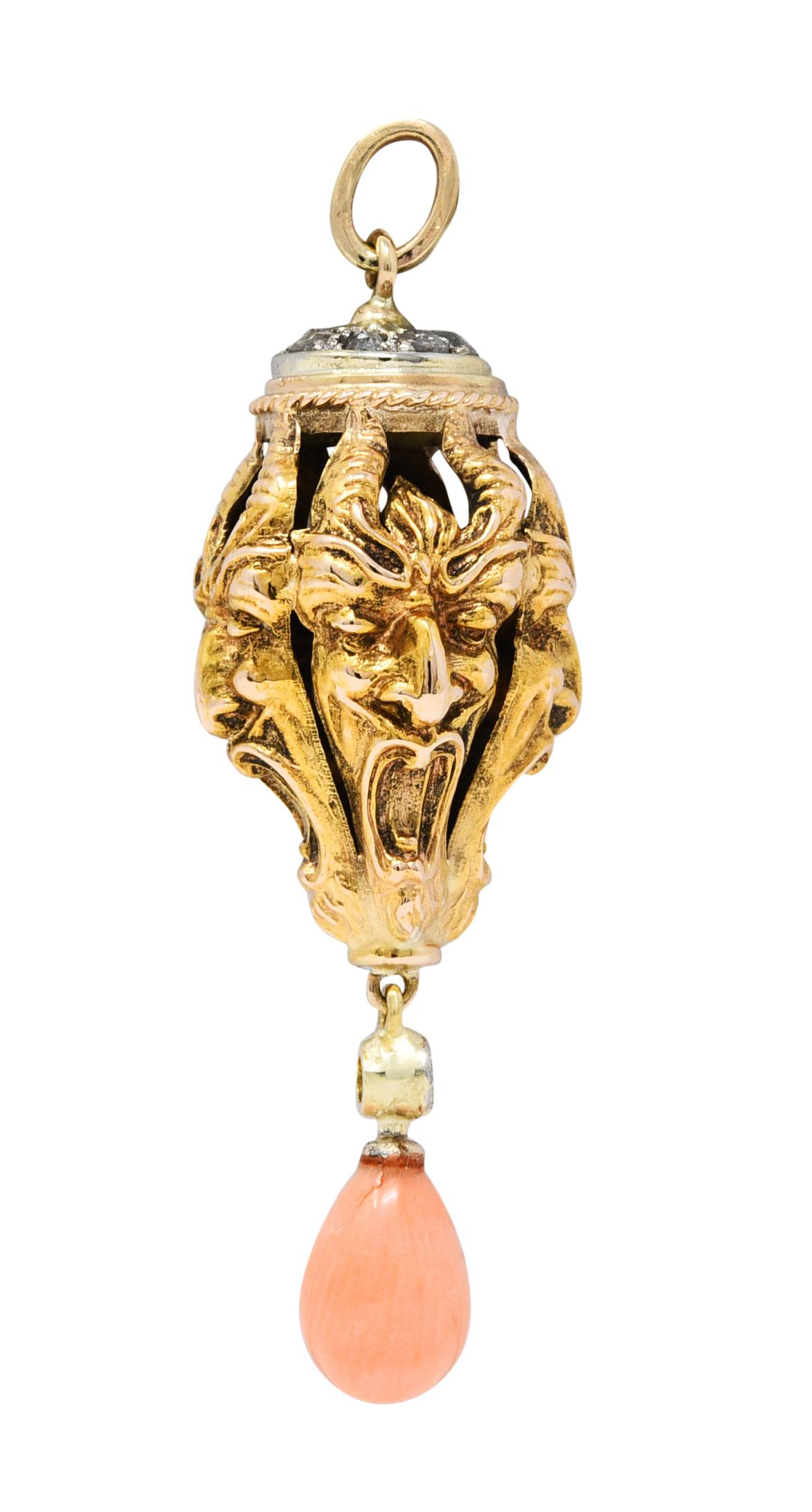 Victorien Pendentif diable victorien en or bicolore 18 carats avec diamants et corail rose en vente