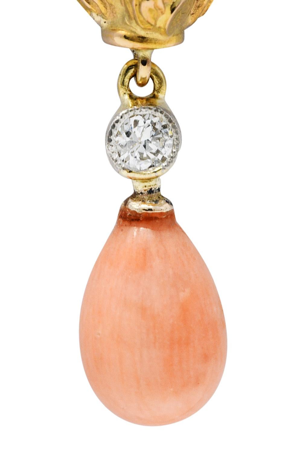 Women's or Men's Victorian Pink Coral Diamond 18 Karat Two-Tone Gold Devil Pendant Charm For Sale