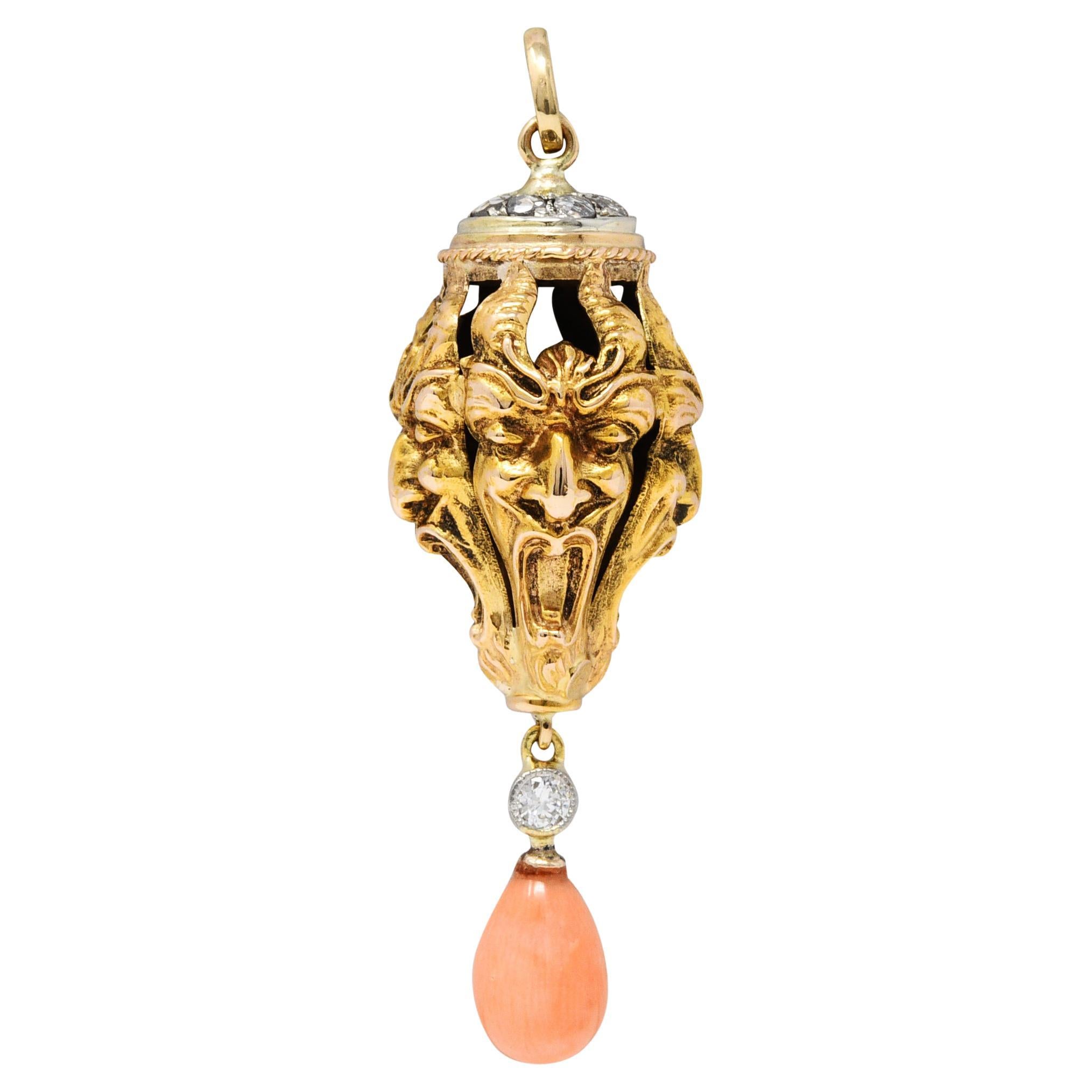 Victorian Pink Coral Diamond 18 Karat Two-Tone Gold Devil Pendant Charm