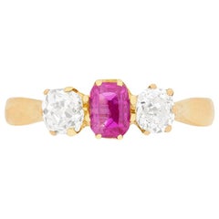 Antique Victorian Pink Sapphire and Diamond Three-Stone Ring, circa 1900s