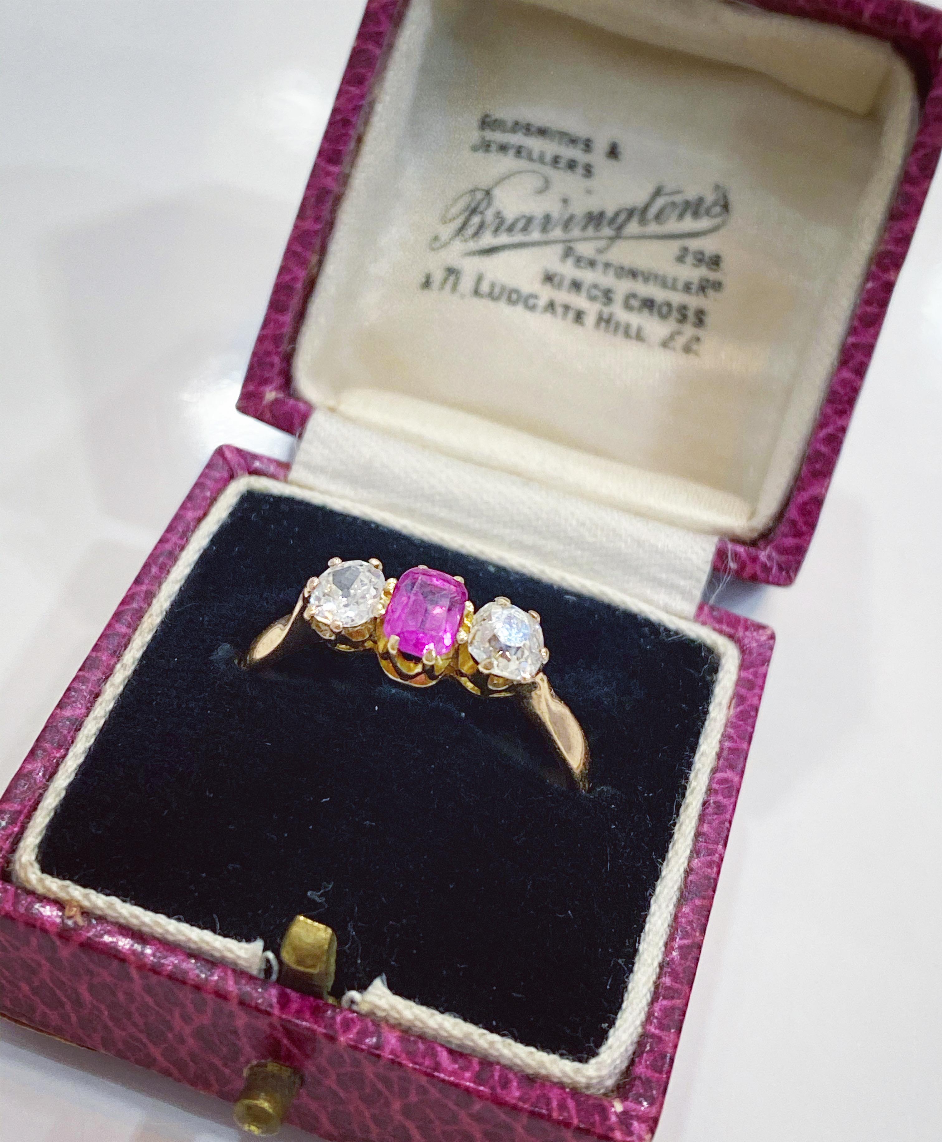 Victorian Pink Sapphire and Diamond Three-Stone Ring, circa 1900s 2