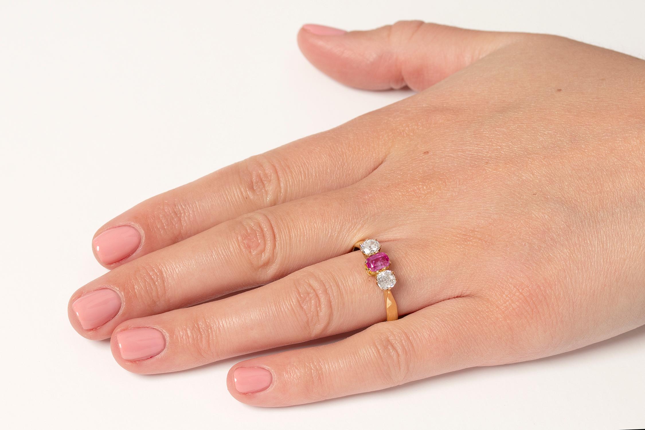 Victorian Pink Sapphire and Diamond Three-Stone Ring, circa 1900s 1