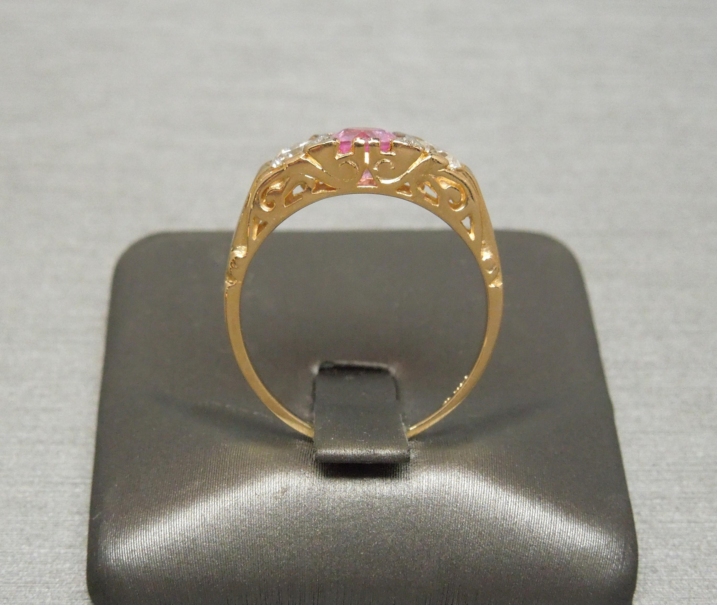 Victorian Pink Sapphire and Diamond Trinity Ring In Excellent Condition In METAIRIE, LA