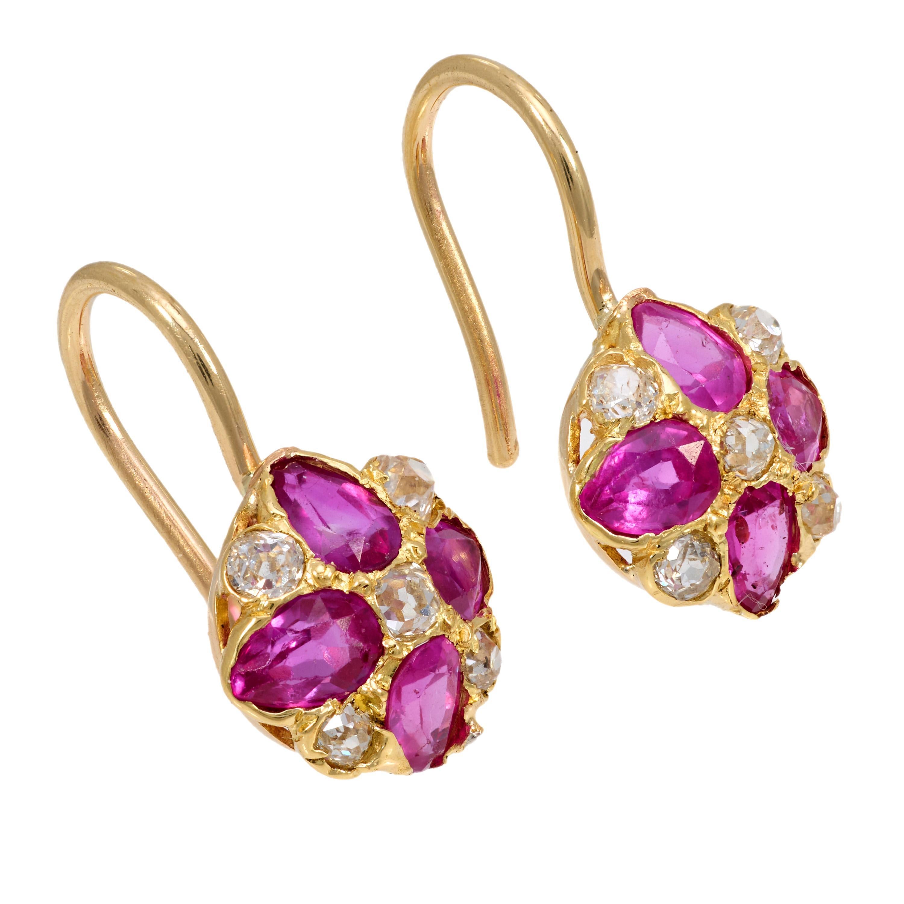 Pear Cut Victorian pink sapphire diamond 18k yellow gold earrings For Sale