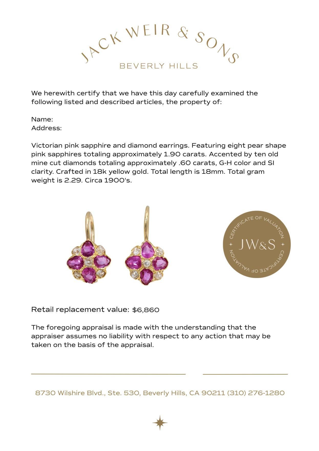 Women's Victorian pink sapphire diamond 18k yellow gold earrings For Sale