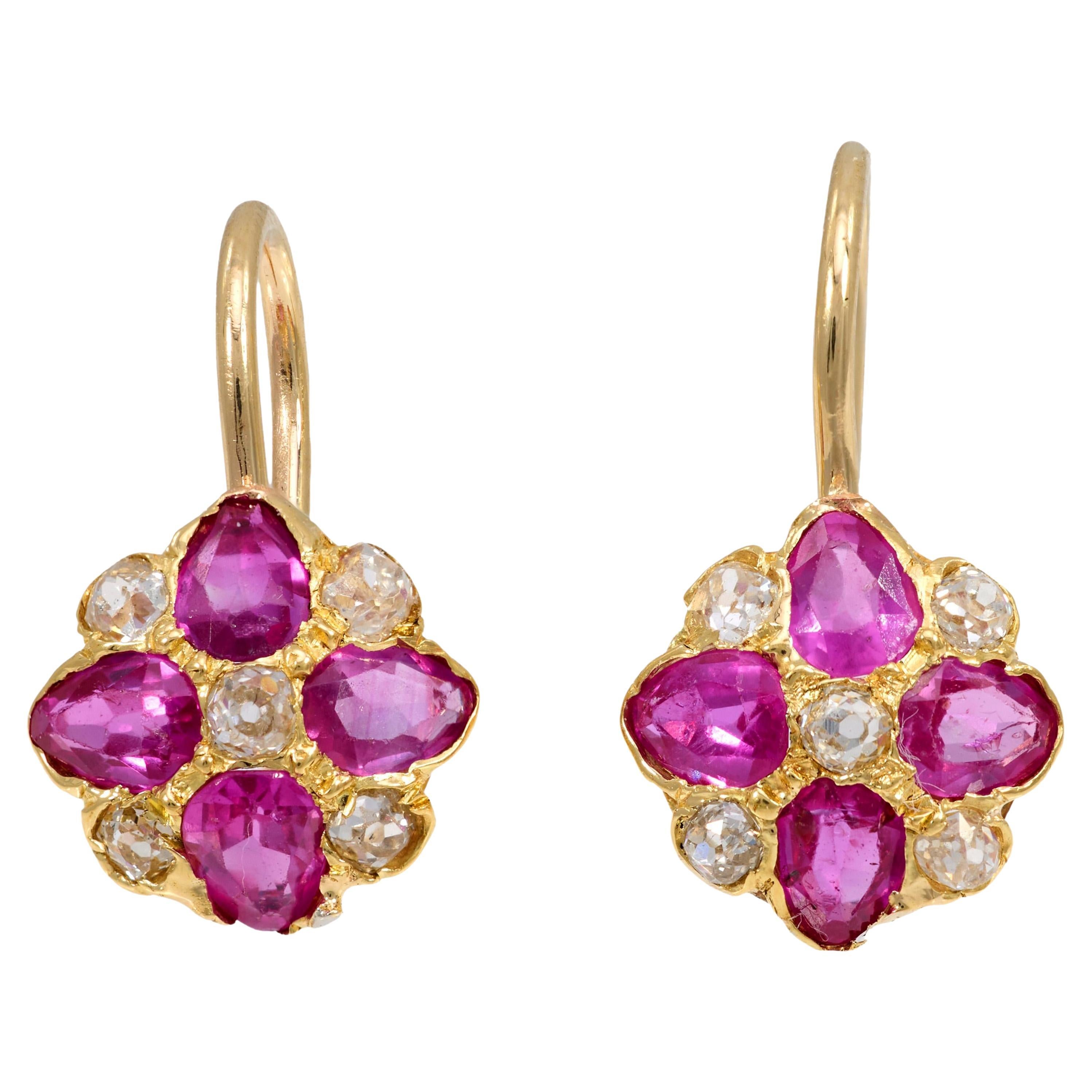 Victorian pink sapphire diamond 18k yellow gold earrings For Sale