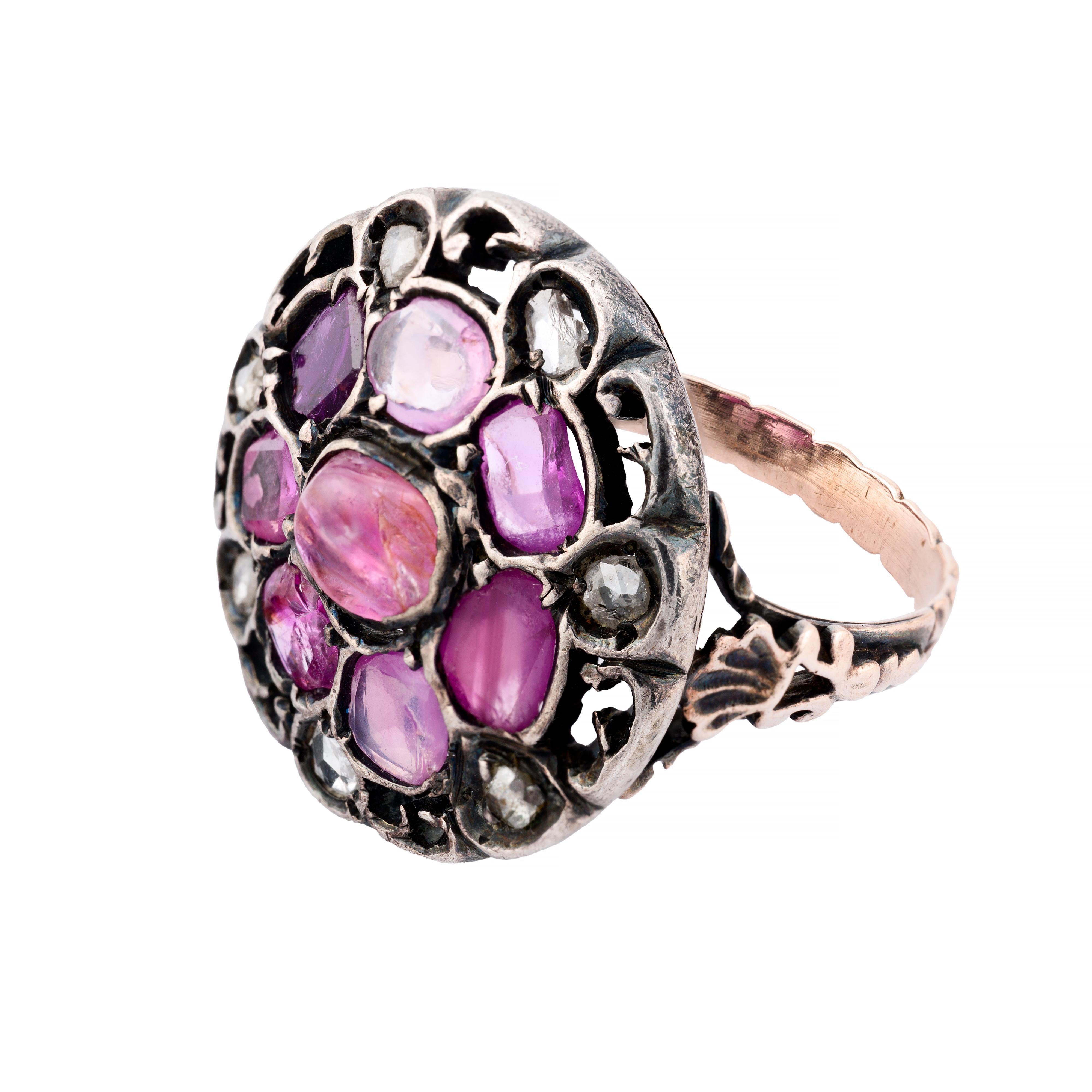Victorian Pink Sapphire & Rose Cut Diamond Dreamcatcher Ring in 14K Yellow Gold In Excellent Condition In Boston, MA