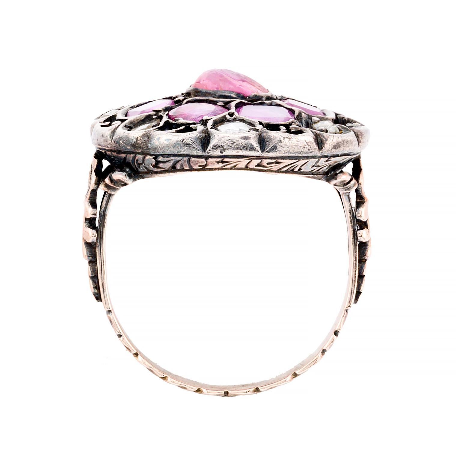 Women's Victorian Pink Sapphire & Rose Cut Diamond Dreamcatcher Ring in 14K Yellow Gold