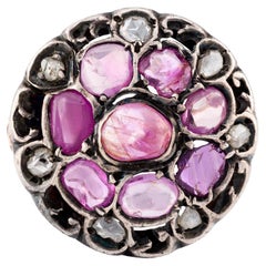 Victorian Pink Sapphire & Rose Cut Diamond Dreamcatcher Ring in 14K Yellow Gold