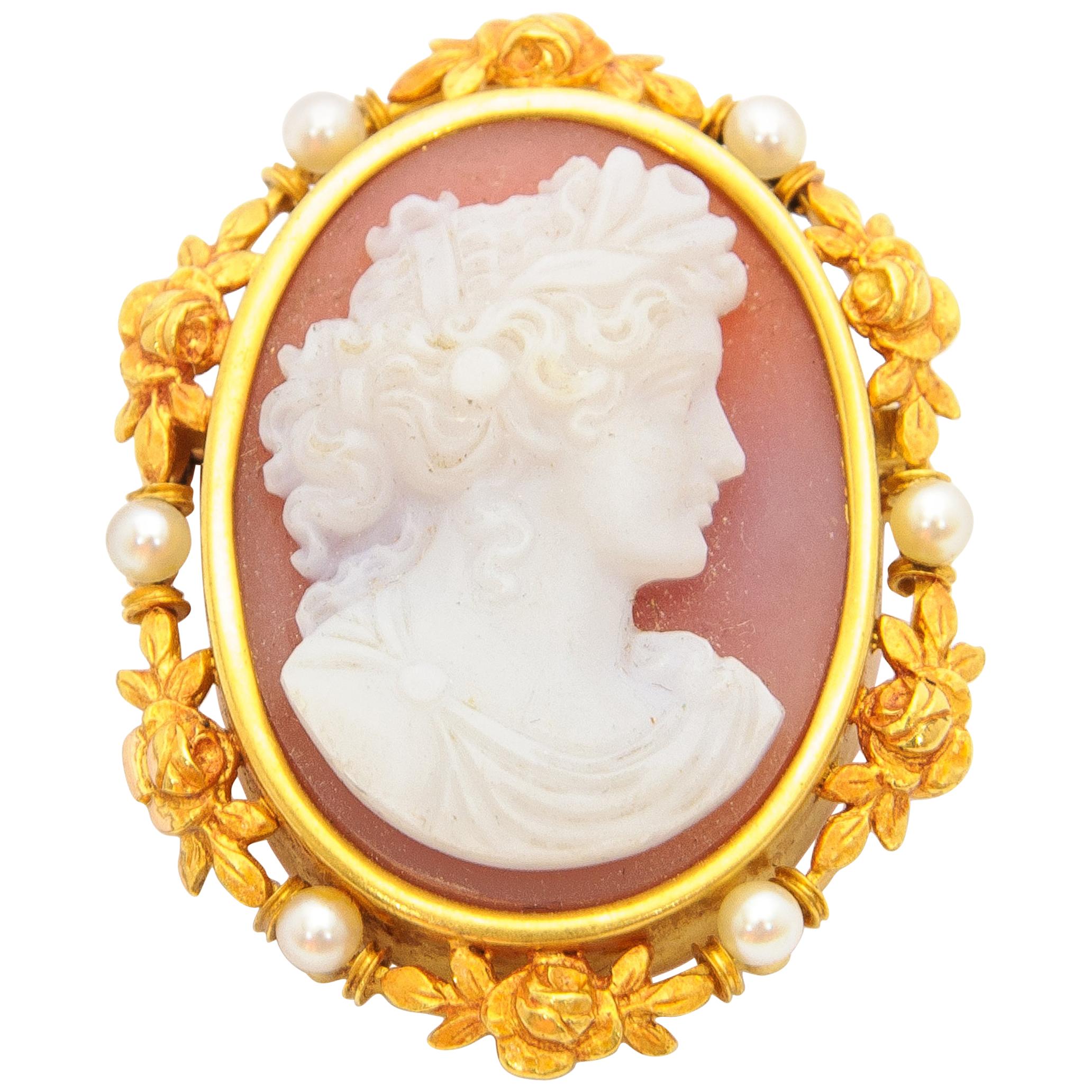 Victorian Pink Shell Cameo Cultured Pearls 14 Karat Yellow Gold Brooch