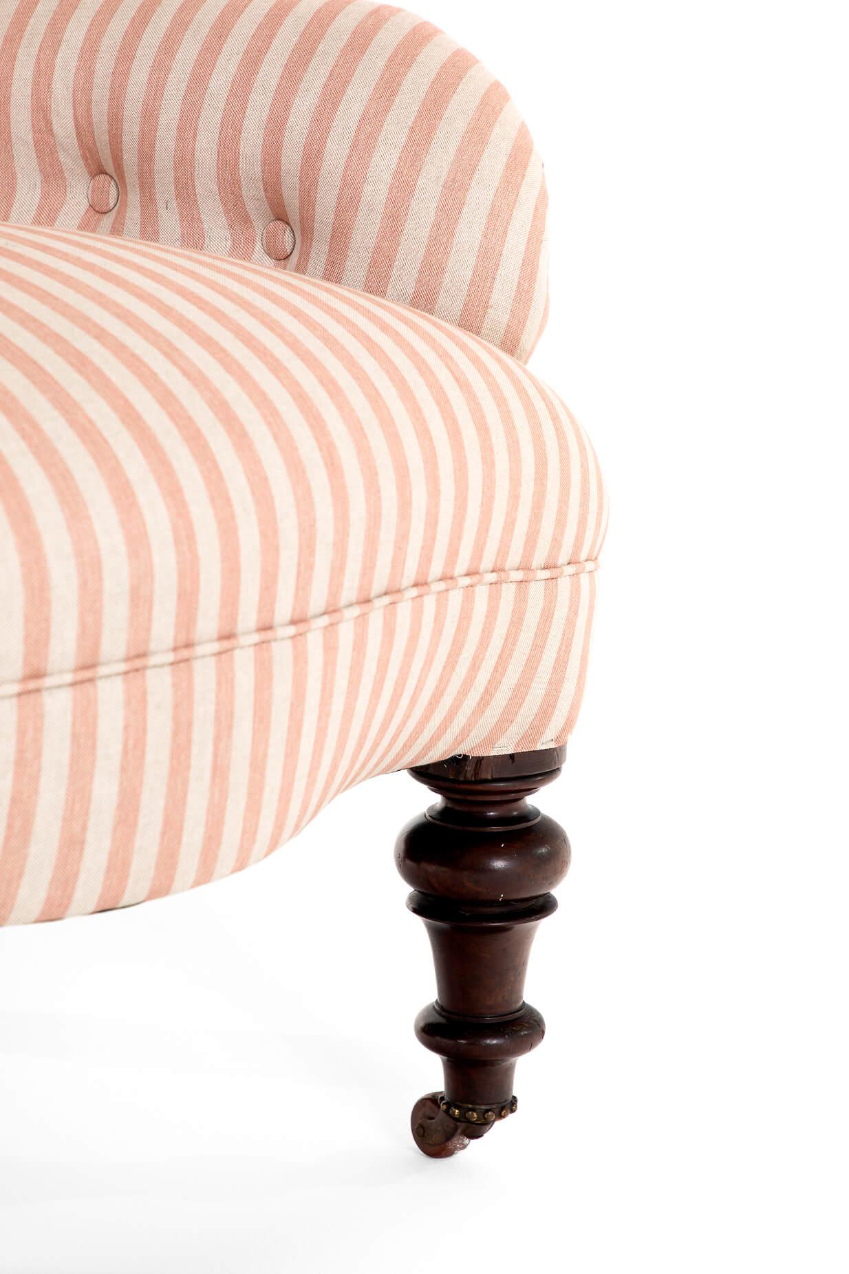 Brass Victorian Pink Stripe Button Back Armchair
